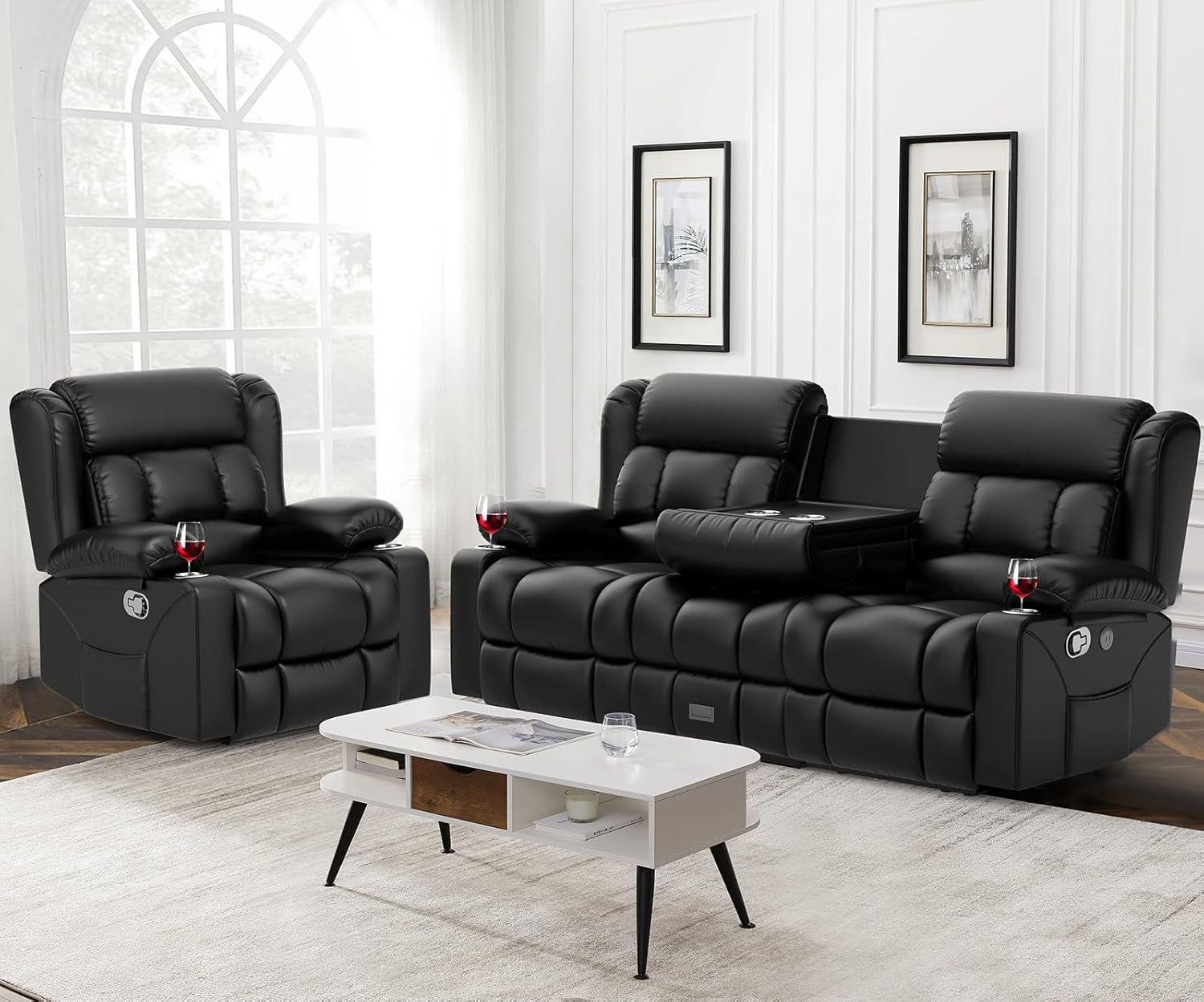 Dresegmt Loveseat Recliner Sofa 3 Seat Flip Backrest with Storage USB Cup Holders