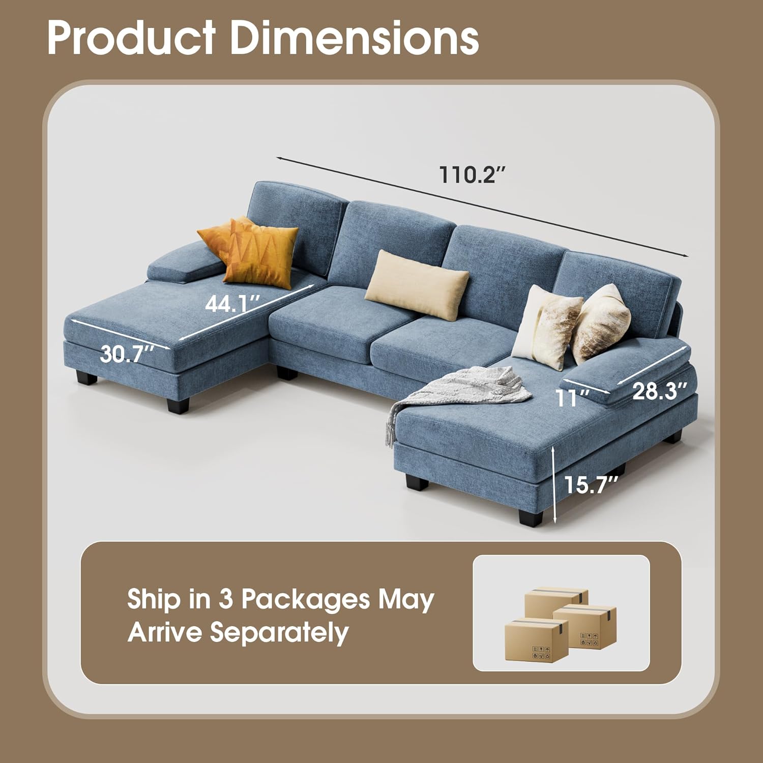 Furmax U-Shaped Sectional Sofa Couch 4 Seat Linen Fabric Double Chaise