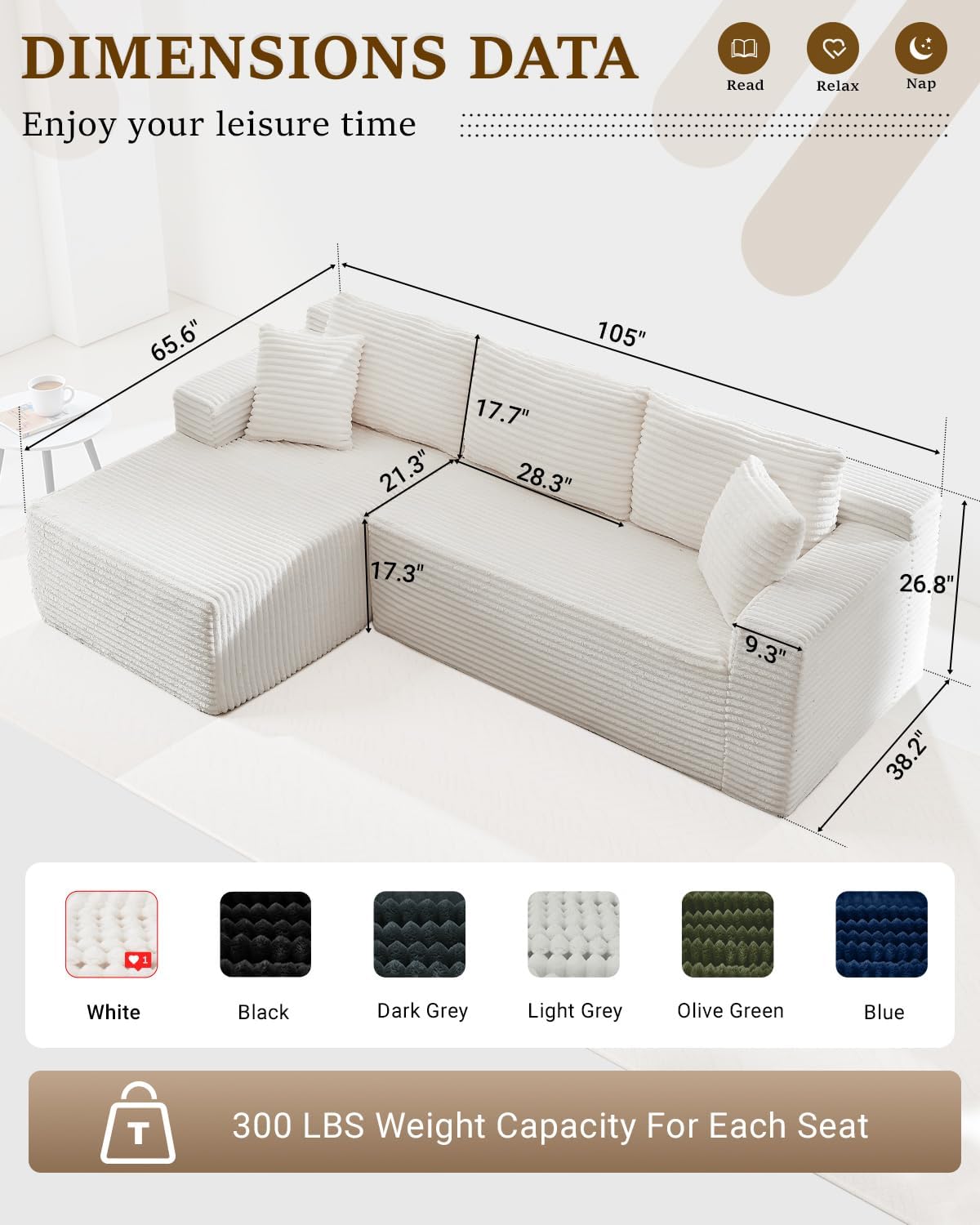HANXIN Cloud Sectional Sofa L Shape Chaise Deep Seat Modular Living Room Couch