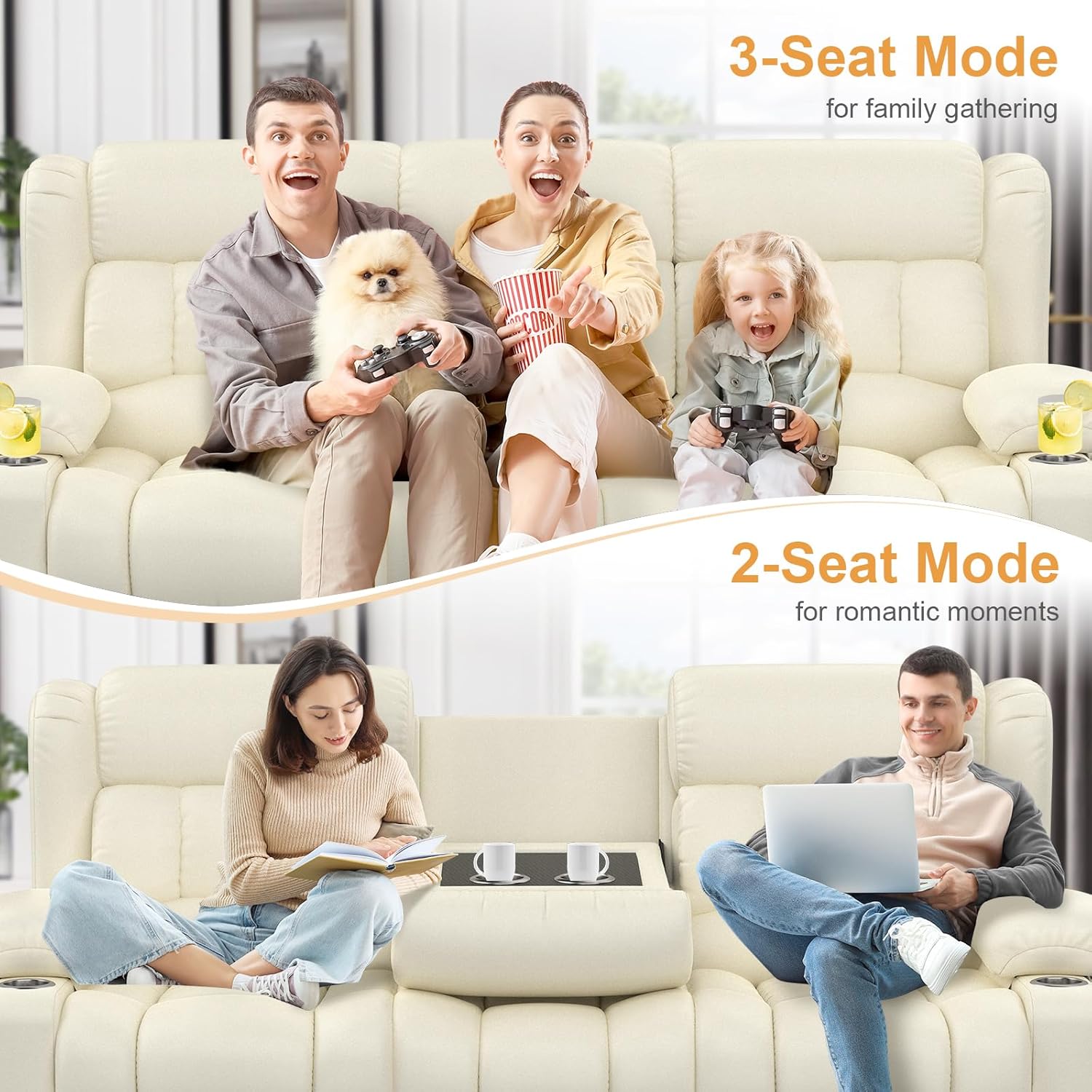Dresegmt Loveseat Recliner Sofa 3 Seat Flip Backrest with Storage USB Cup Holders