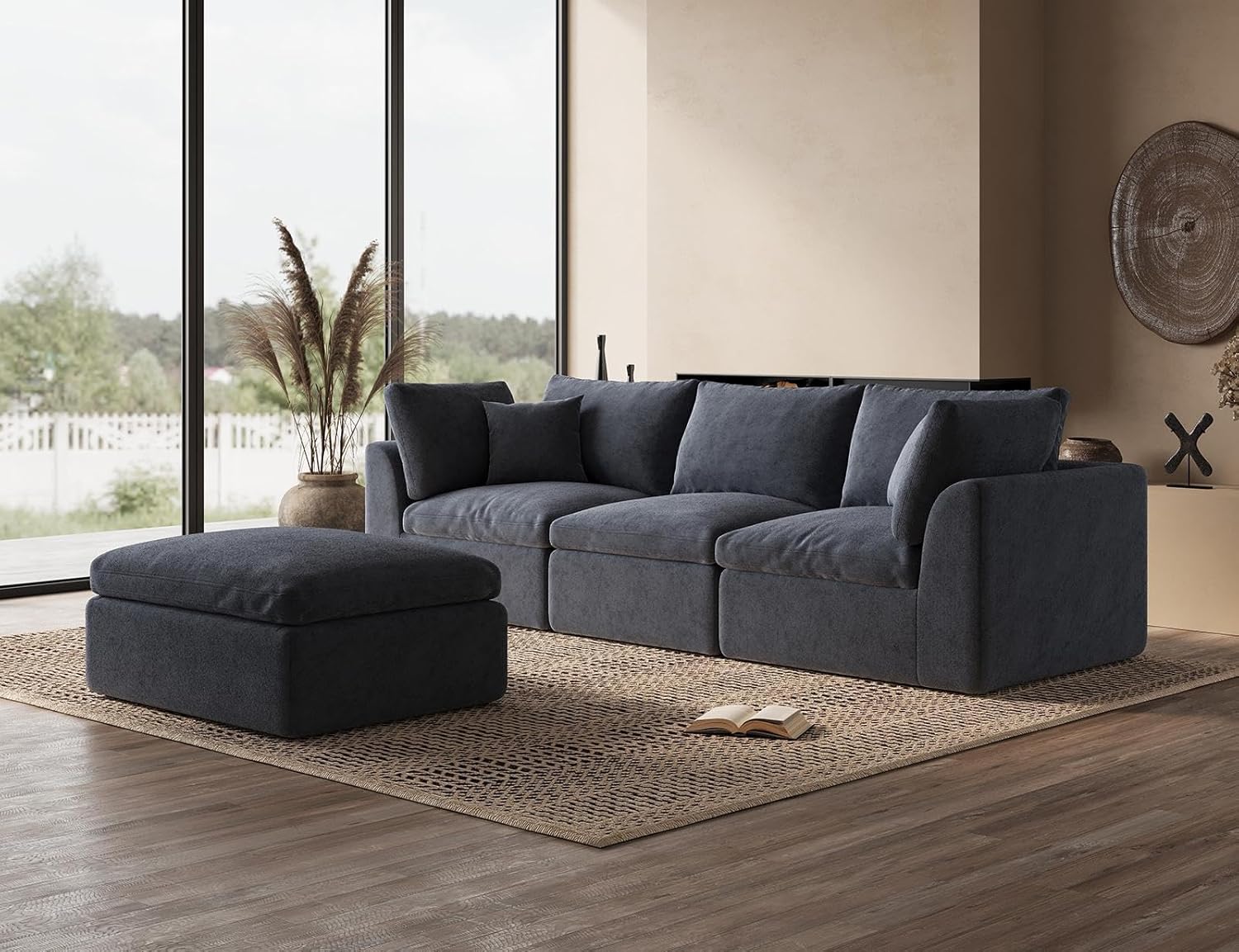 ohllob 110" Cloud Sectional Sofa L Shape Modular Couch with Ottoman 3 Seater