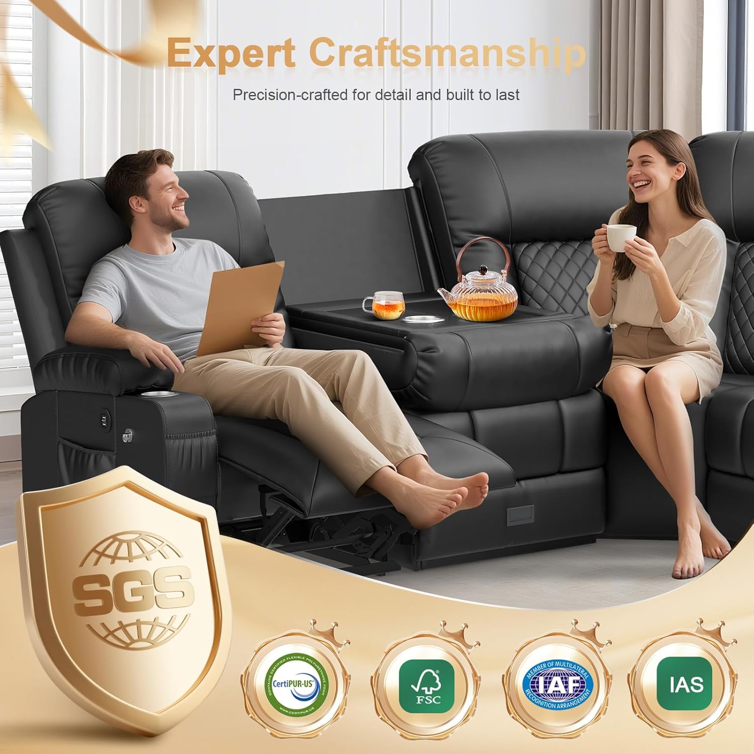 FURNIMAT Loveseat Recliner Sofa 2 Seater PU Leather Couch with USB Cup Holders