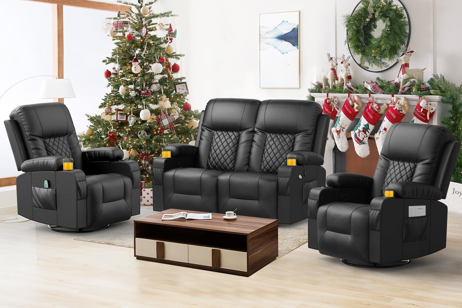 FURNIMAT Loveseat Recliner Sofa 2 Seater PU Leather Couch with USB Cup Holders