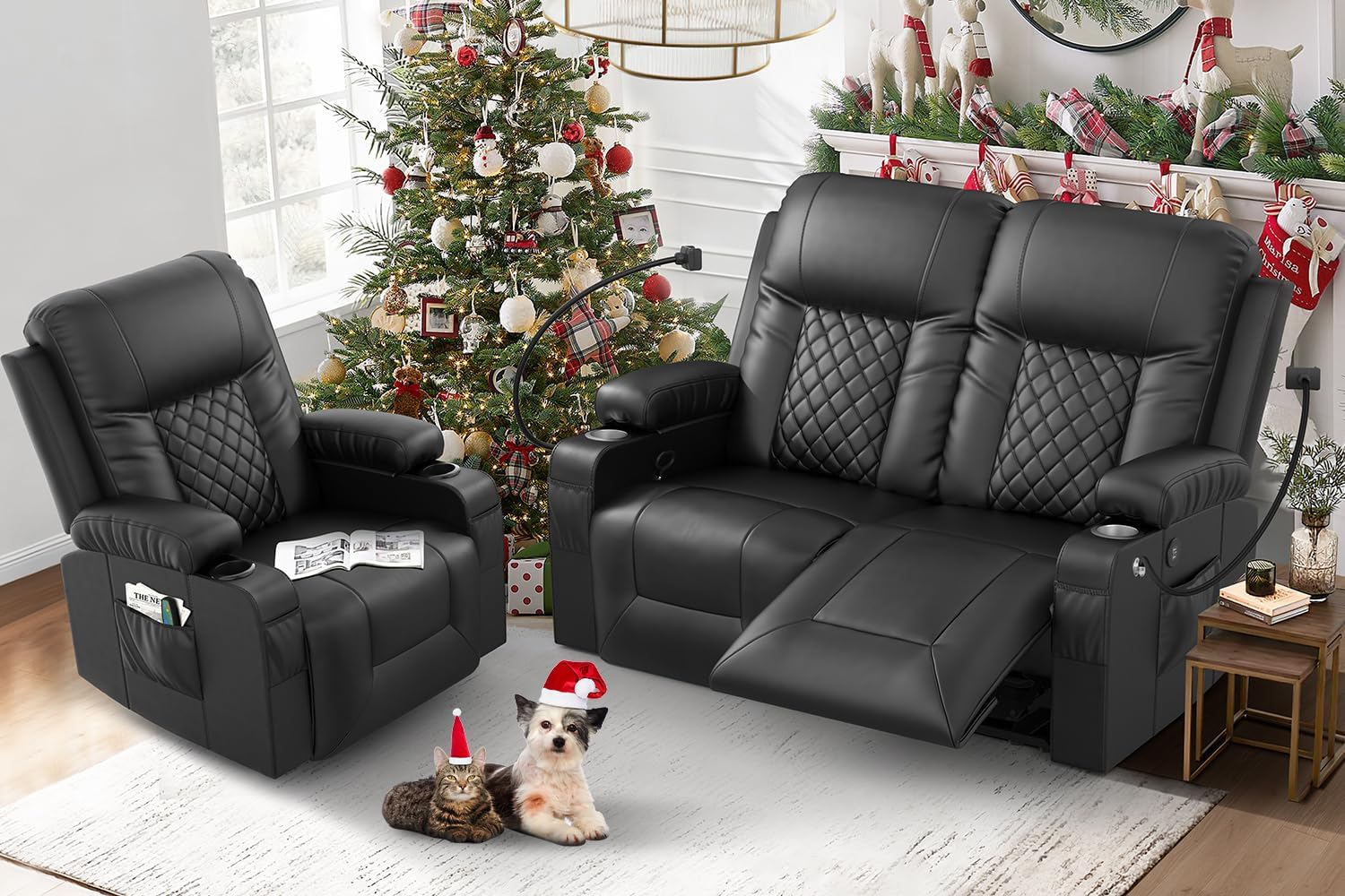 FURNIMAT Loveseat Recliner Sofa 2 Seater PU Leather Couch with USB Cup Holders