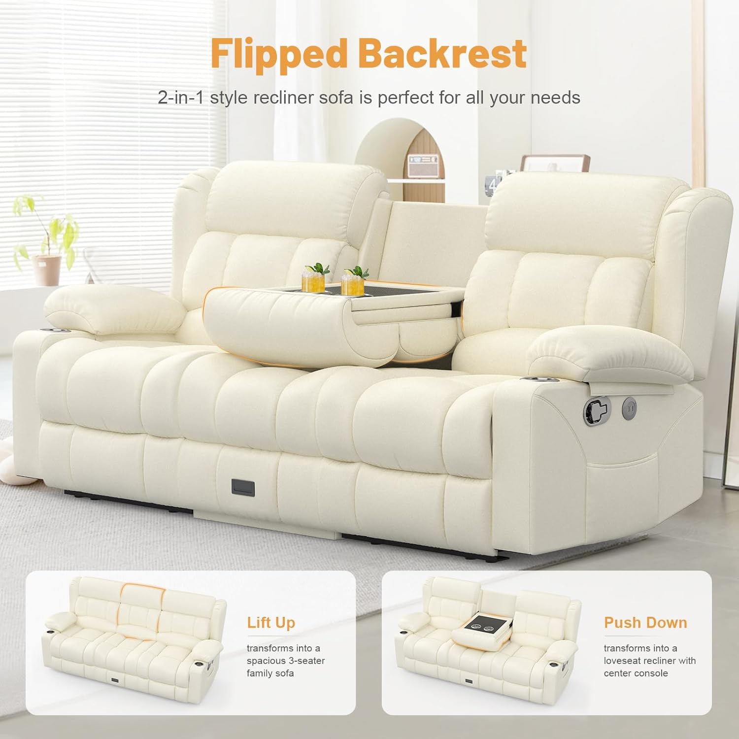 Dresegmt Loveseat Recliner Sofa 3 Seat Flip Backrest with Storage USB Cup Holders