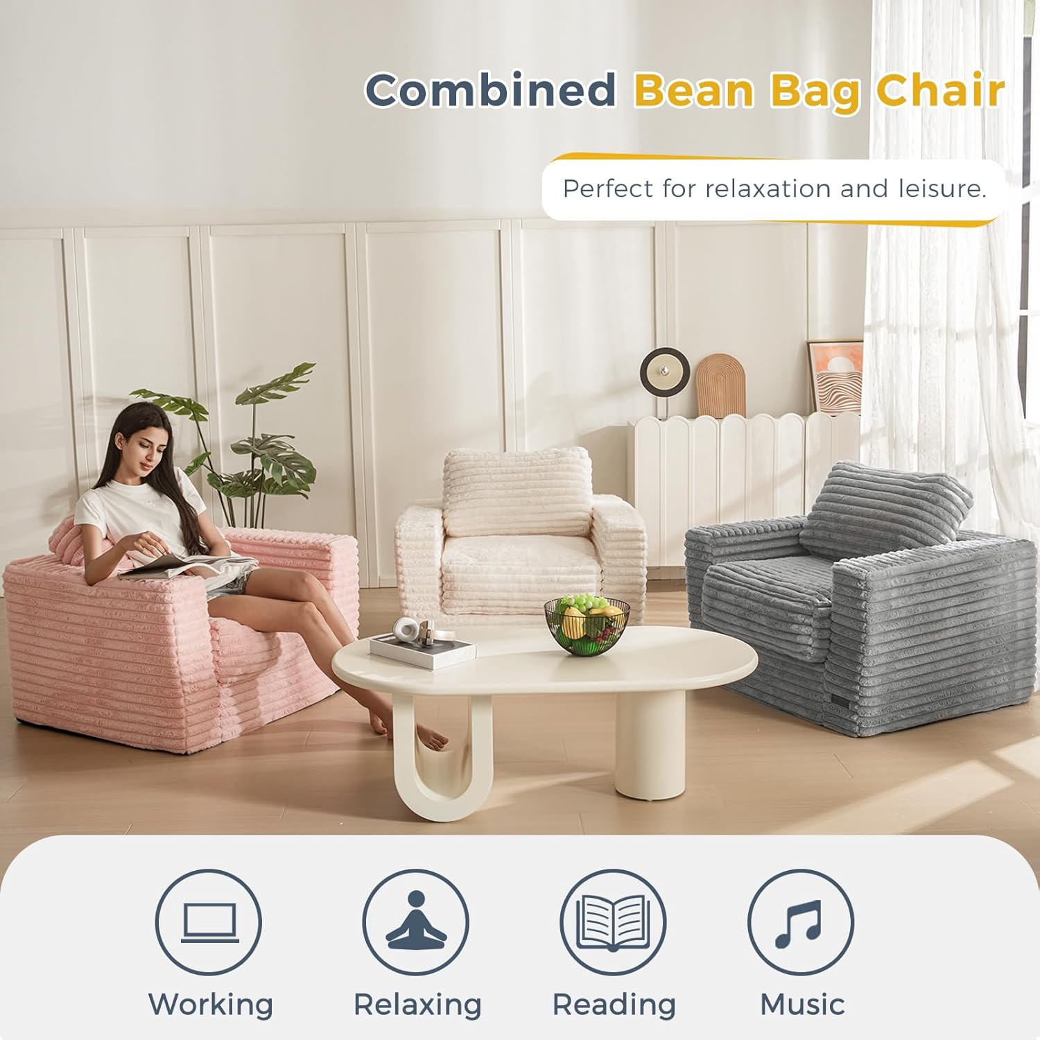 MAXYOYO Two Seat Bean Bag Sofa with Pillows and Armrests for Adults
