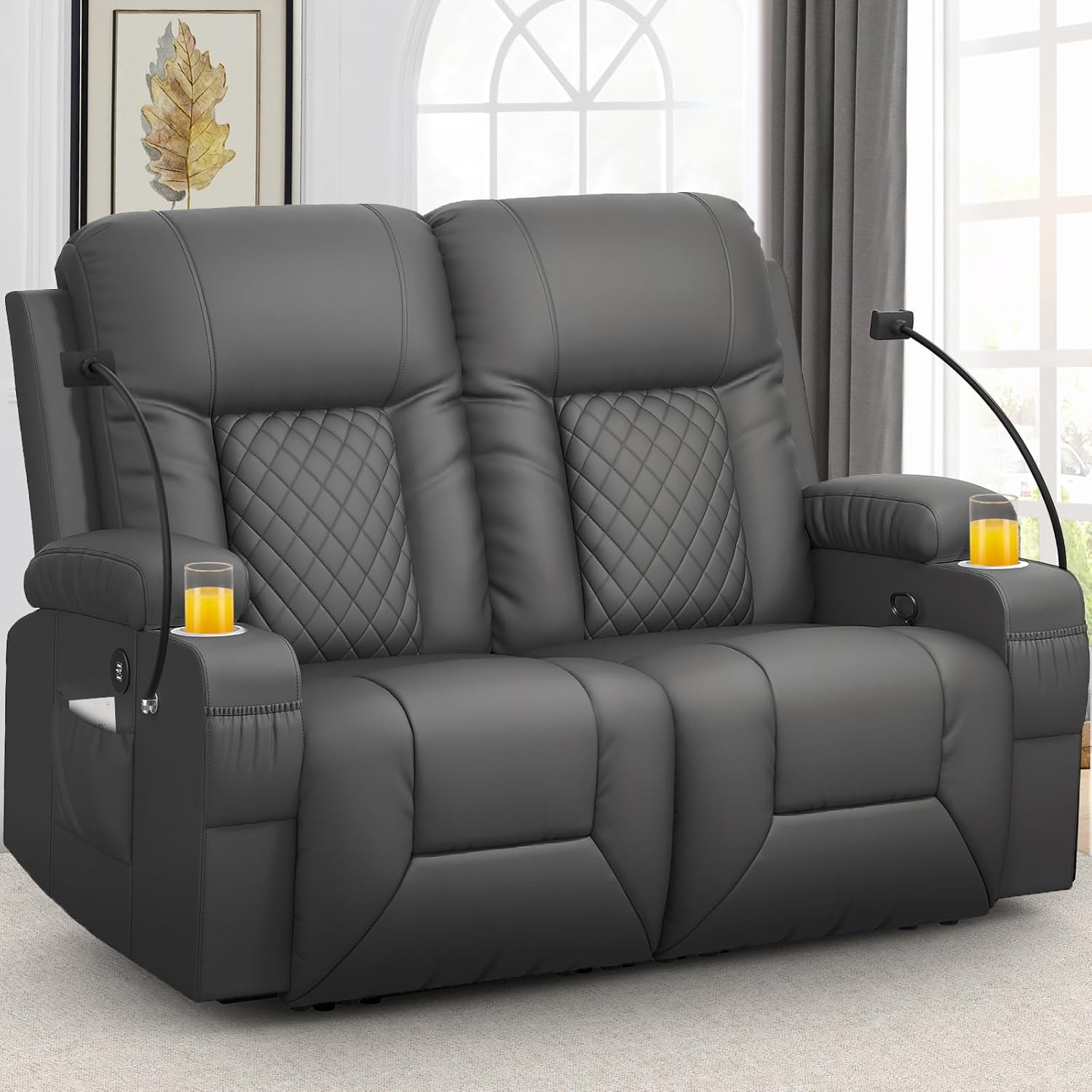 FURNIMAT Loveseat Recliner Sofa 2 Seater PU Leather Couch with USB Cup Holders
