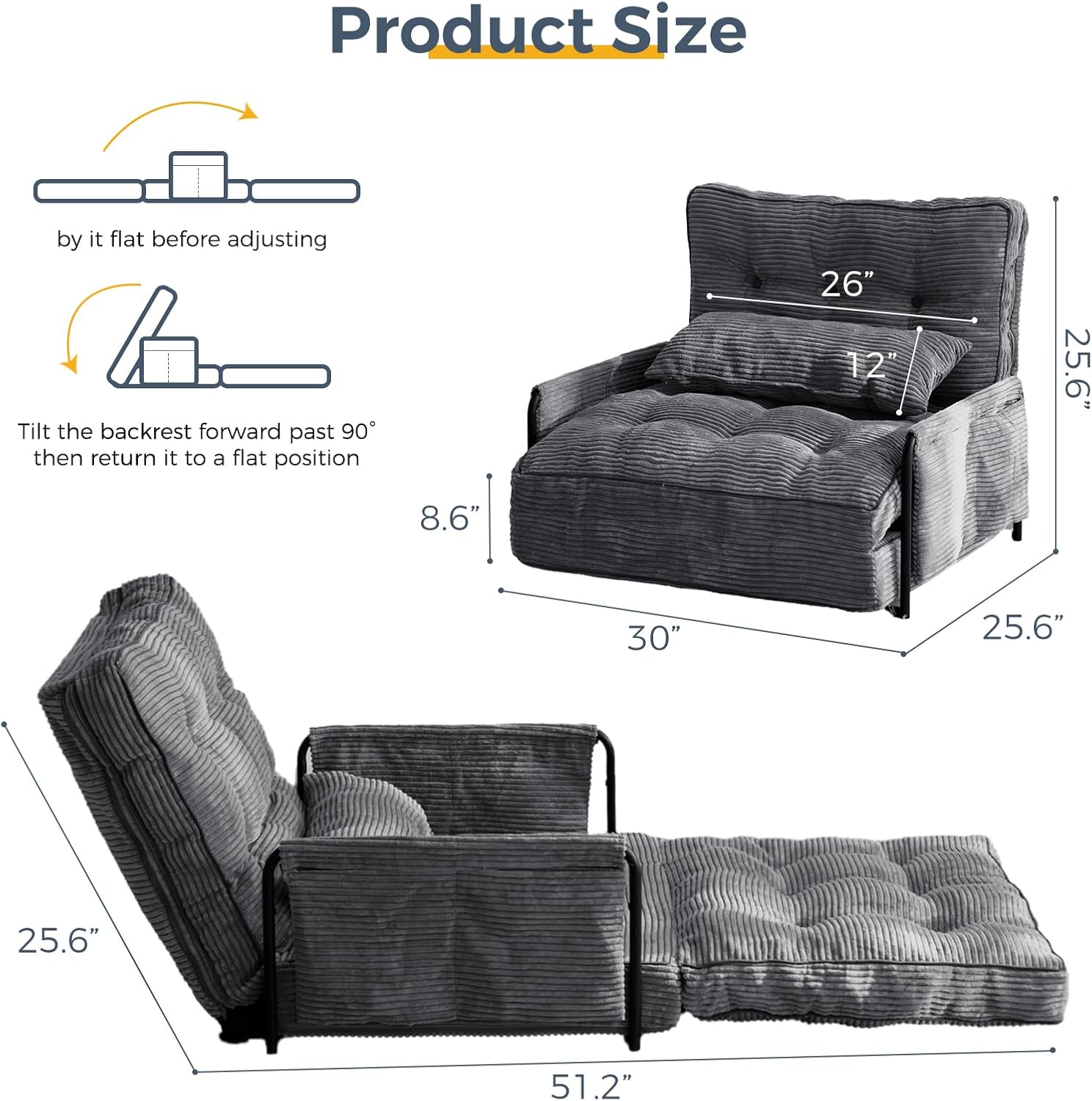 MAXYOYO Adjustable Floor Sofa Bed with Armrest Double Black Foldable Sleeper