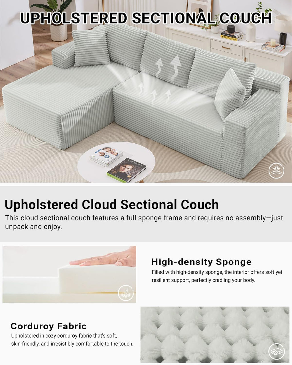 HANXIN Cloud Sectional Sofa L Shape Chaise Deep Seat Modular Living Room Couch