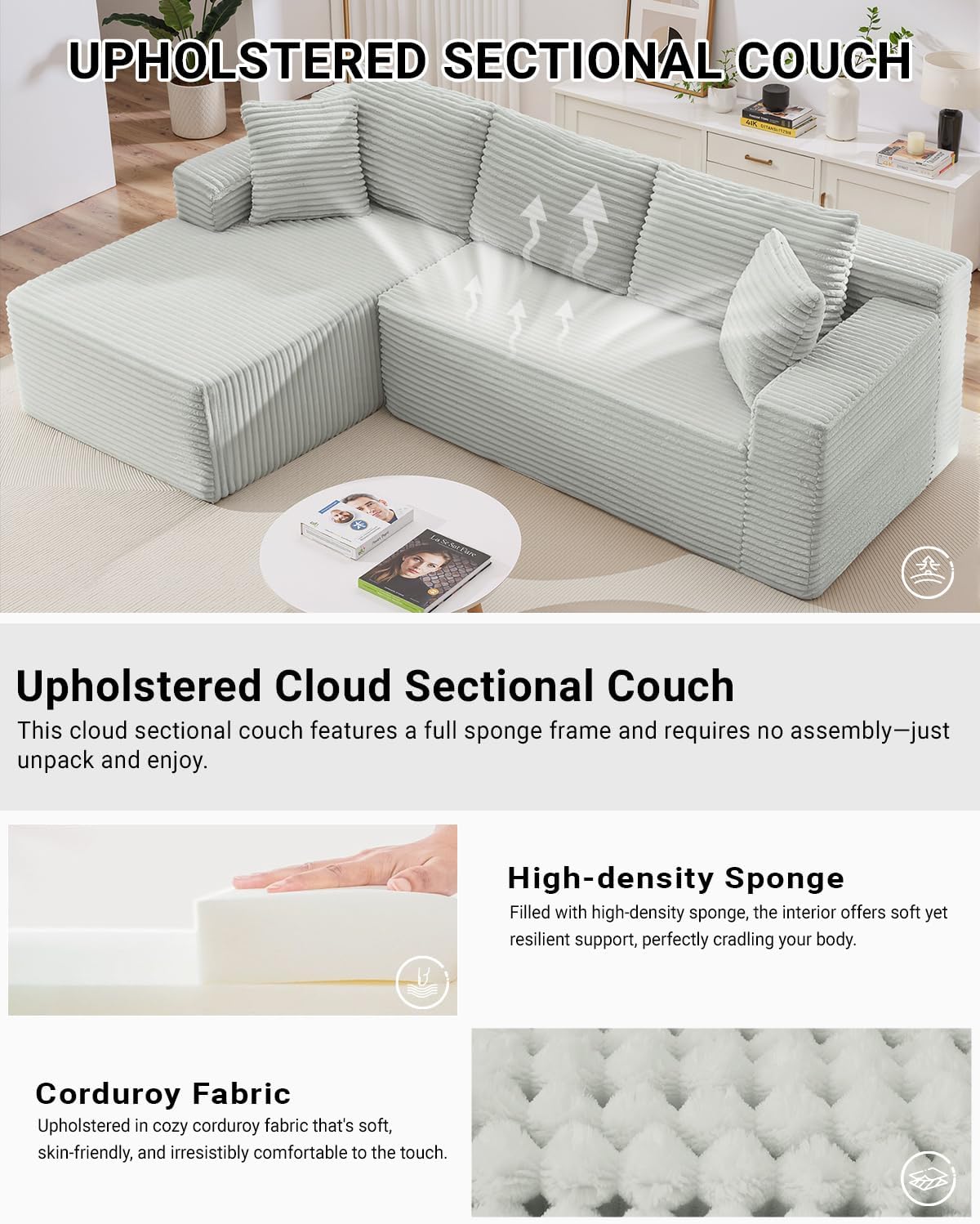 HANXIN Cloud Sectional Sofa L Shape Chaise Deep Seat Modular Living Room Couch