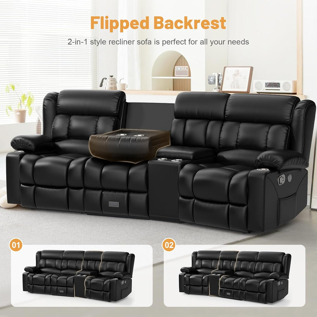 Dresegmt Loveseat Recliner Sofa 3 Seat Flip Backrest with Storage USB Cup Holders