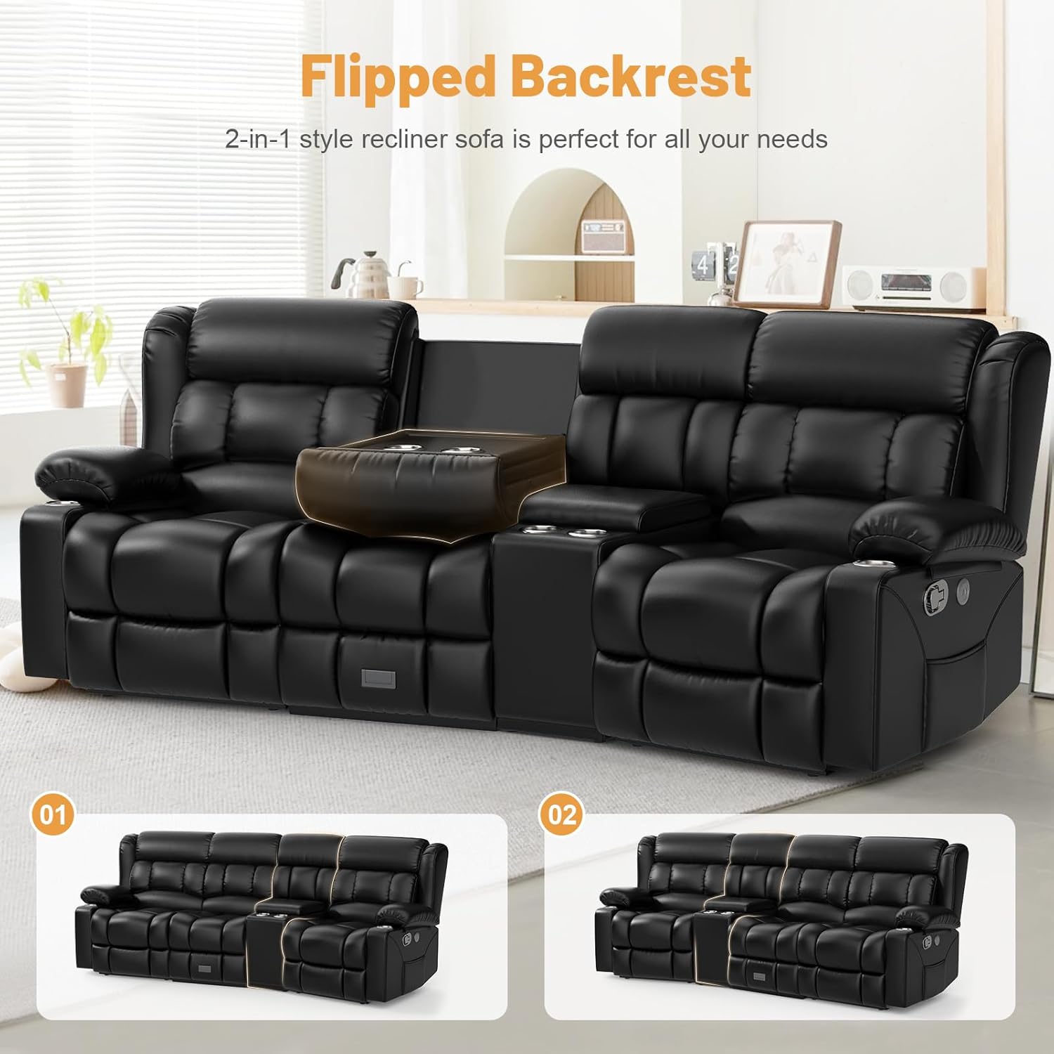 Dresegmt Loveseat Recliner Sofa 3 Seat Flip Backrest with Storage USB Cup Holders