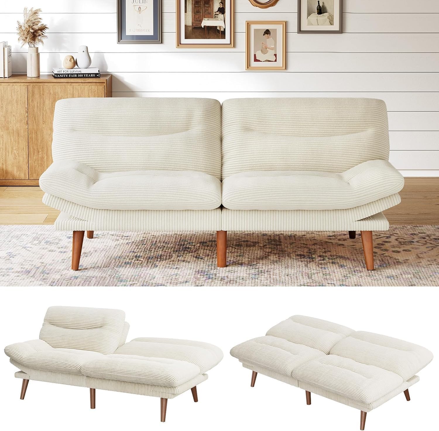 Marsail Futon Sofa Bed Convertible Corduroy Loveseat with Adjustable Backrest