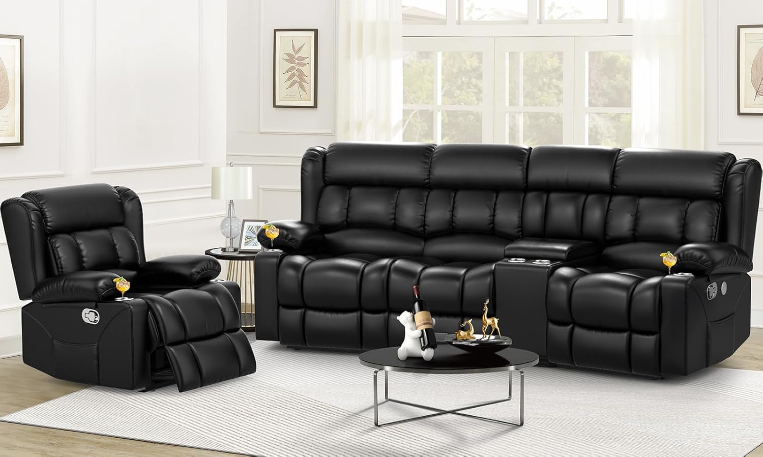 Dresegmt Loveseat Recliner Sofa 3 Seat Flip Backrest with Storage USB Cup Holders