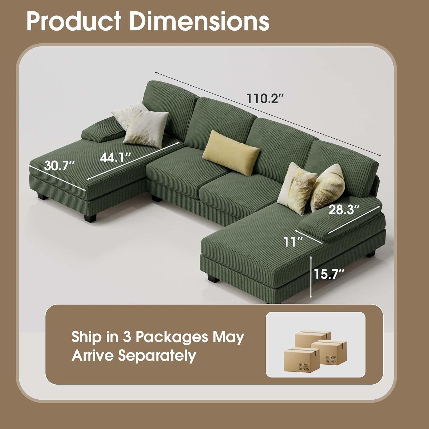 Furmax U-Shaped Sectional Sofa Couch 4 Seat Linen Fabric Double Chaise