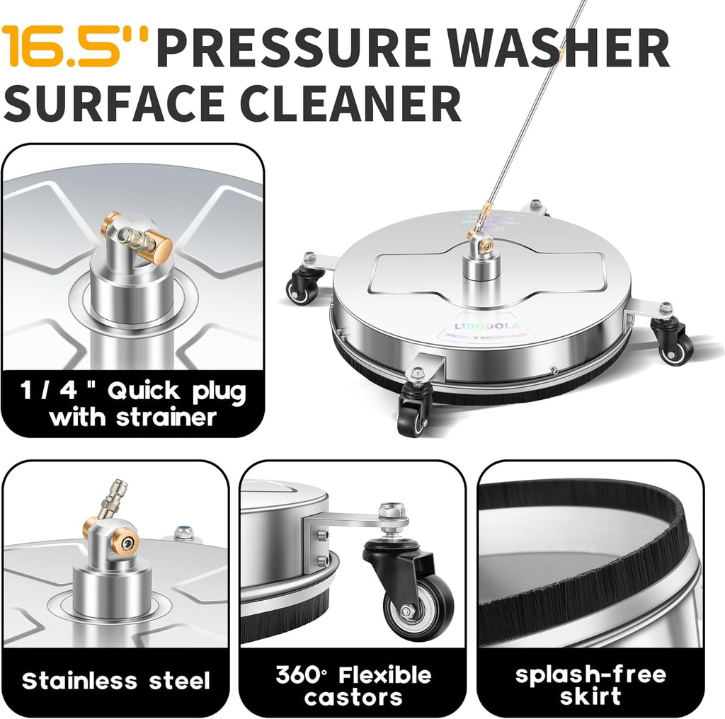 LidoDola 14 Inch Pressure Washer Surface Cleaner with Wheels for Concrete Patio Deck