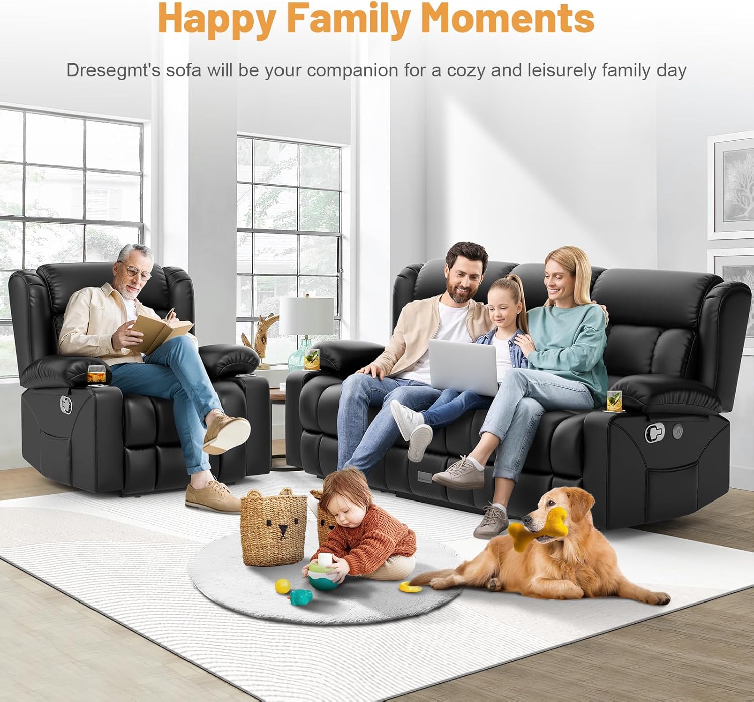 Dresegmt Loveseat Recliner Sofa 3 Seat Flip Backrest with Storage USB Cup Holders