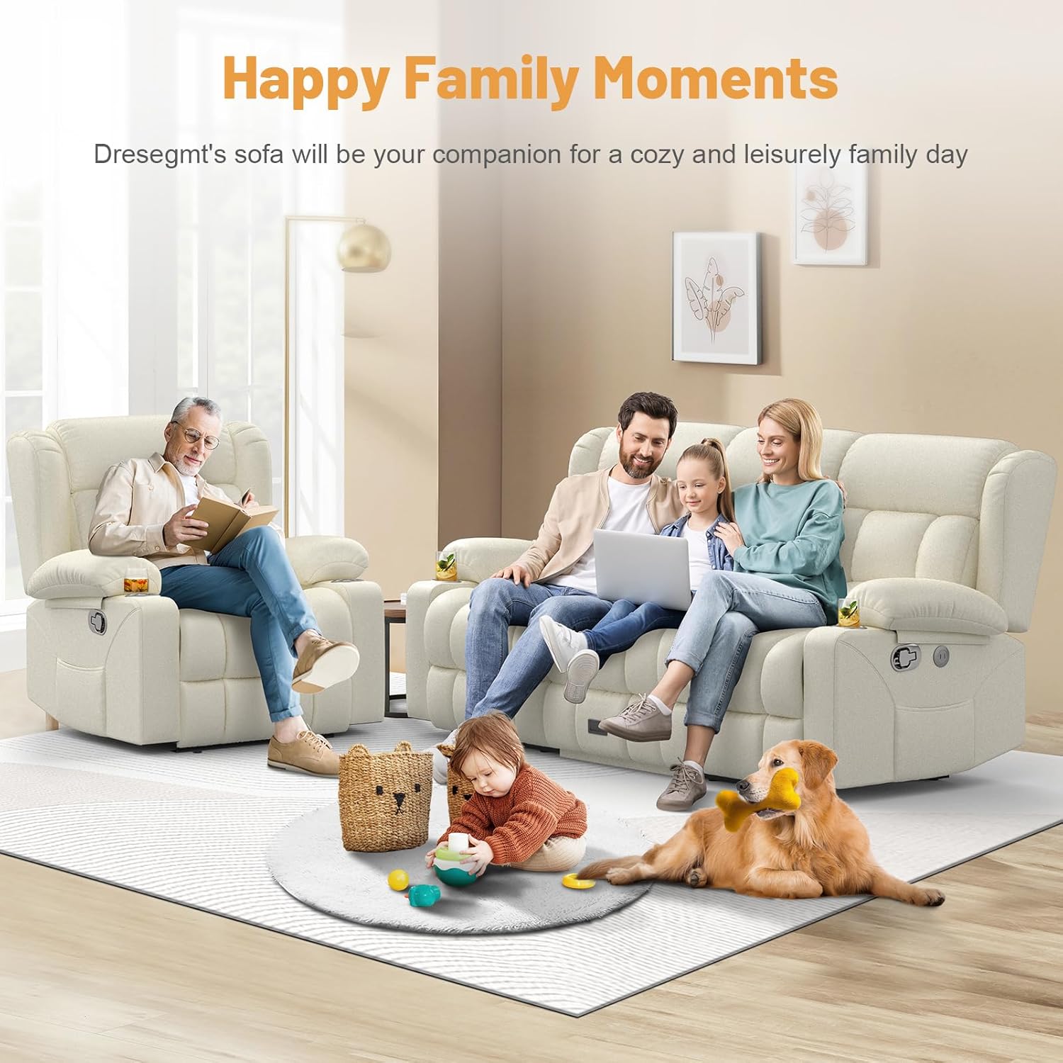 Dresegmt 3 Seat Loveseat Recliner Sofa Flip Middle Storage USB Ports Cup Holders