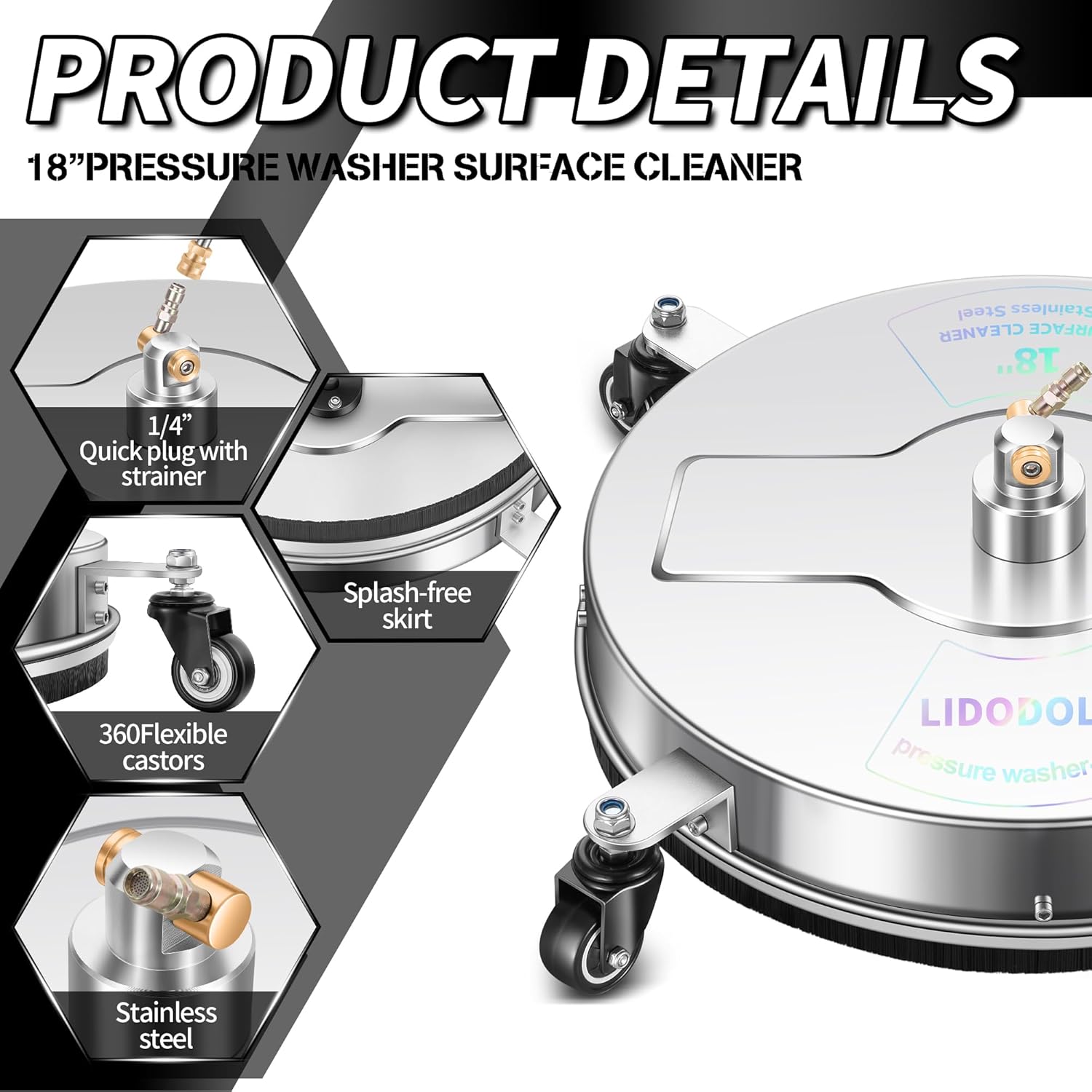 LidoDola 14 Inch Pressure Washer Surface Cleaner with Wheels for Concrete Patio Deck