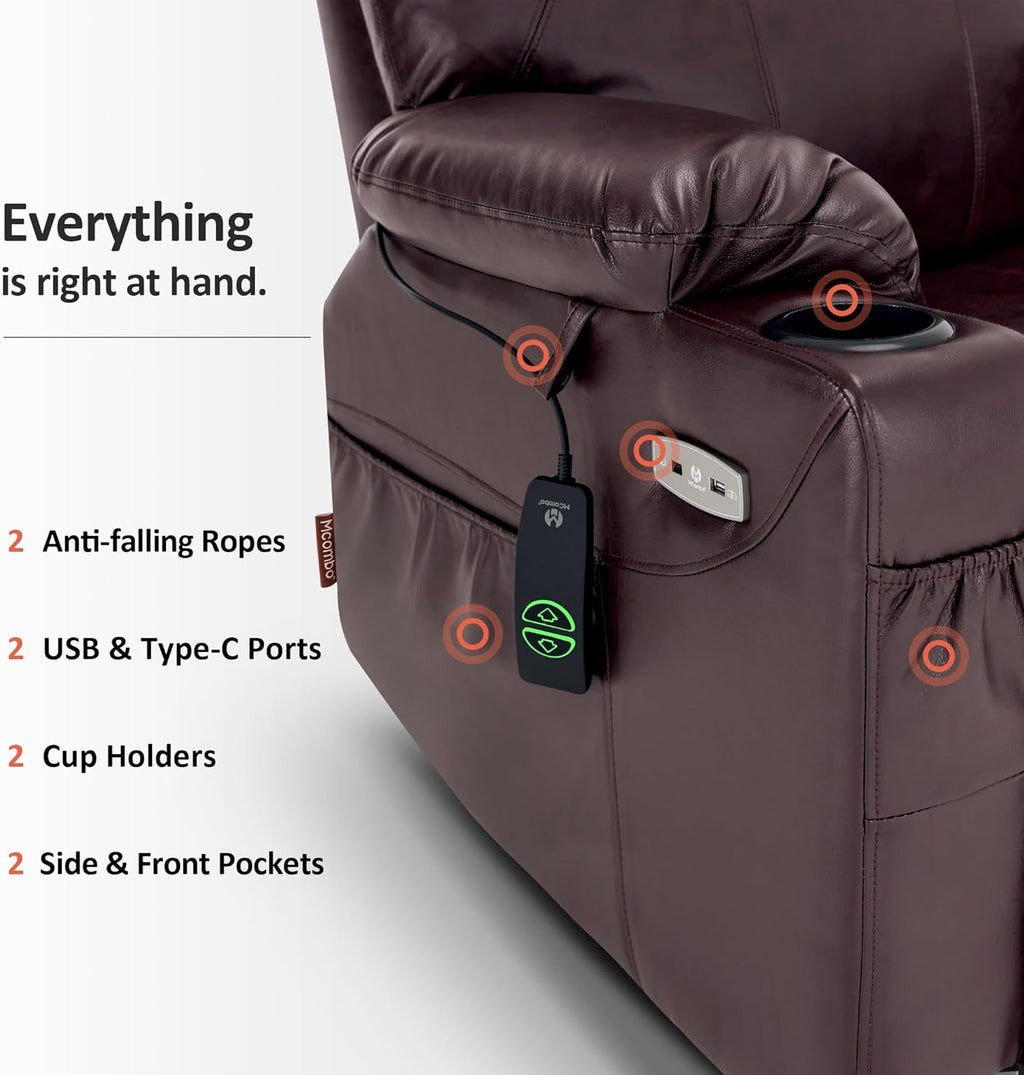 MCombo Electric Power Lift Recliner Massage Heat Chair for Elderly 3 Positions 2 Pockets USB