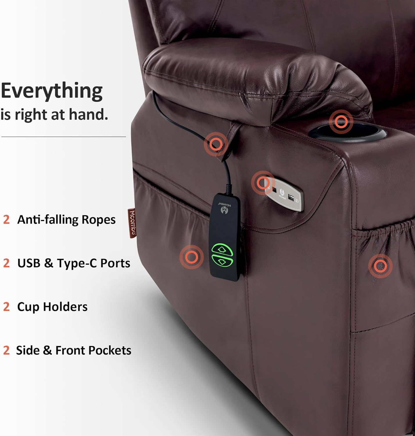 MCombo Electric Power Lift Recliner Massage Heat Chair for Elderly 3 Positions 2 Pockets USB