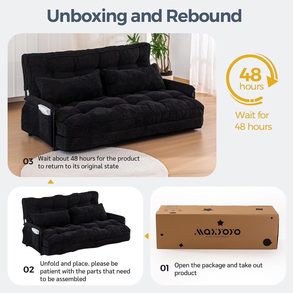 MAXYOYO Adjustable Floor Sofa Bed with Armrest Double Black Foldable Sleeper