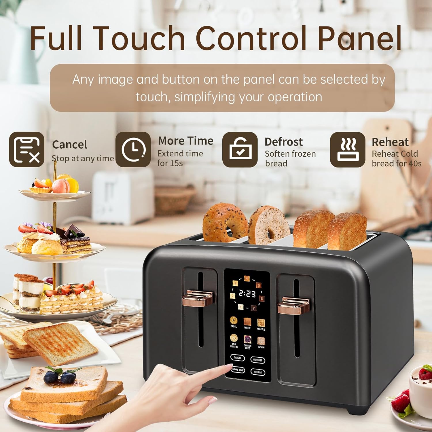 SEEDEEM 4 Slice Touch Screen Toaster LCD Display 7 Shade Settings Wide Slots 1800W