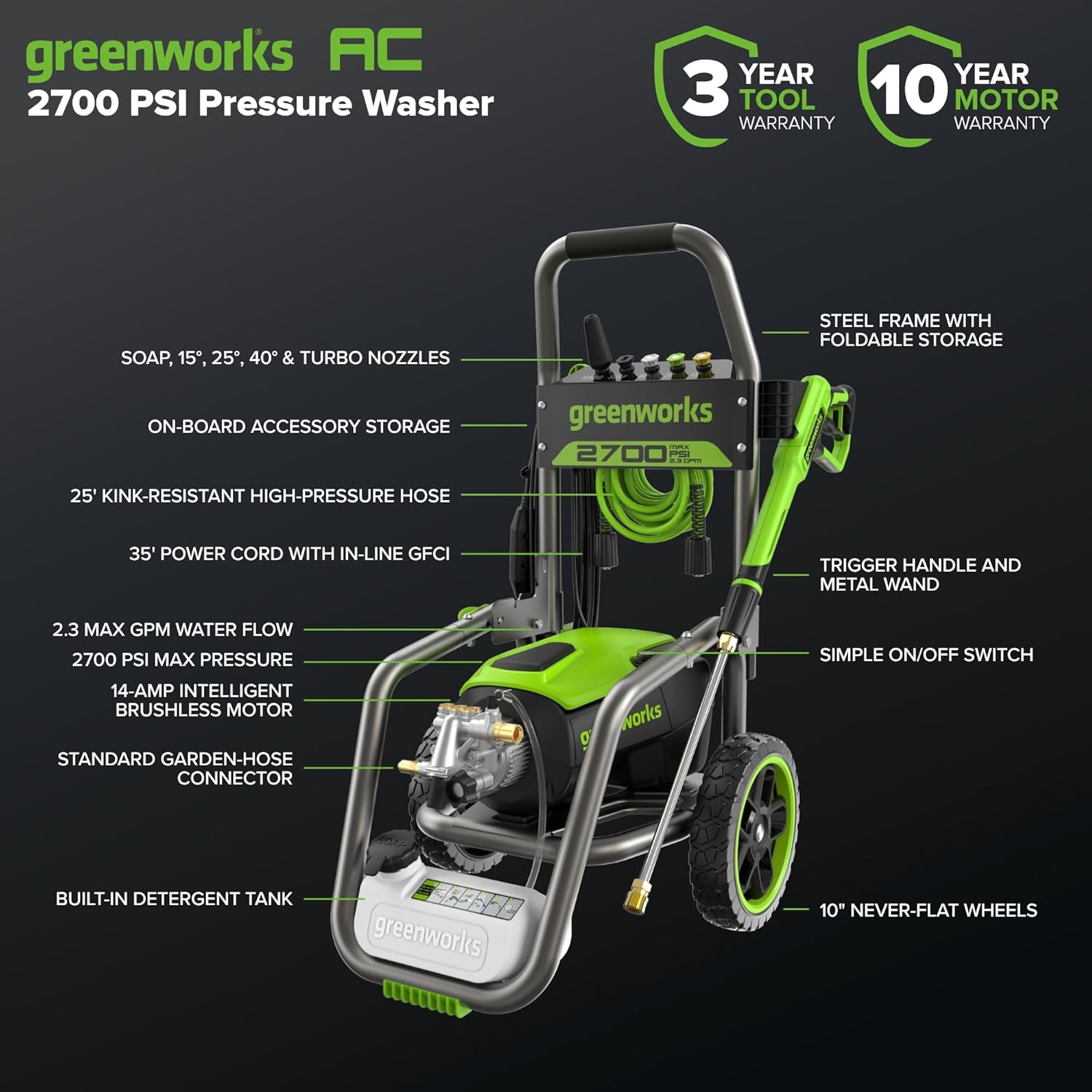 Greenworks 2000 PSI Electric Pressure Washer 13 Amp with Wheels 20 FT Hose 35 FT Cord