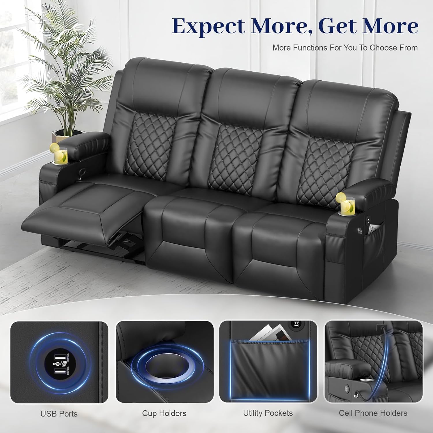 FURNIMAT Loveseat Recliner Sofa 2 Seater PU Leather Couch with USB Cup Holders
