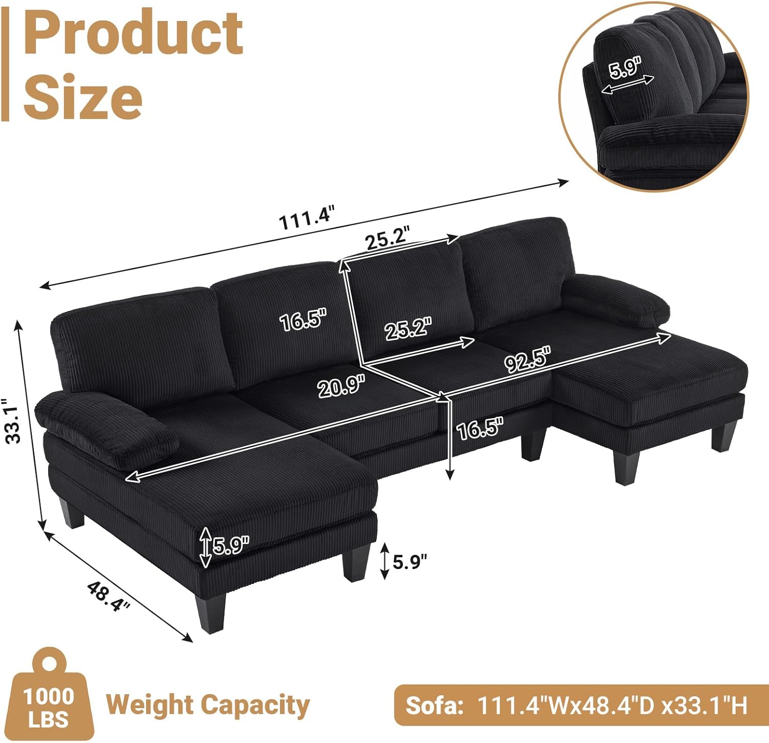 VINGLI 110 Sectional Couch U Shaped Sofa Set with Double Chaise Chenille Fabric
