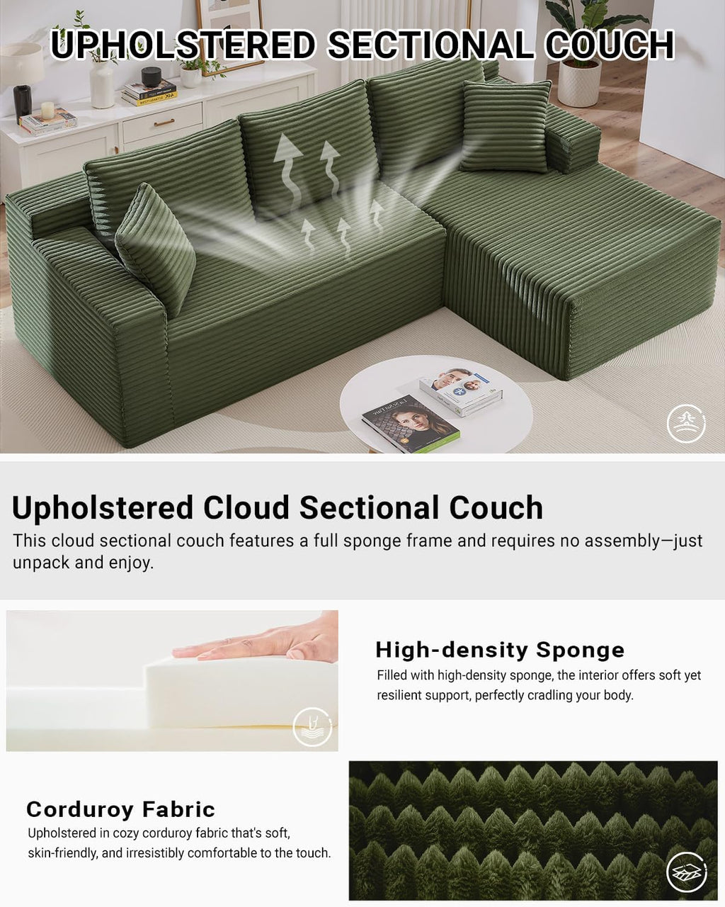 HANXIN Cloud Sectional Sofa L Shape Chaise Deep Seat Modular Living Room Couch