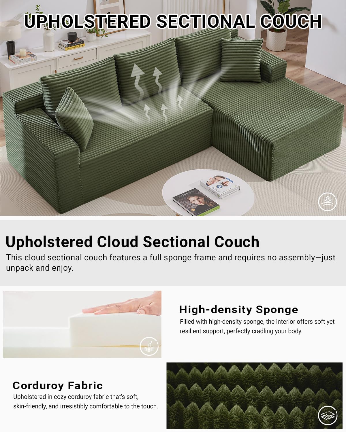 HANXIN Cloud Sectional Sofa L Shape Chaise Deep Seat Modular Living Room Couch