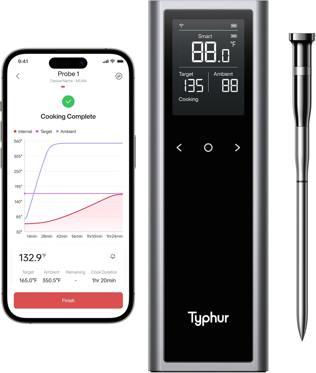 Typhur WiFi Wireless Meat Thermometer Digital with 2 Probes LCD Display for BBQ Grill Oven