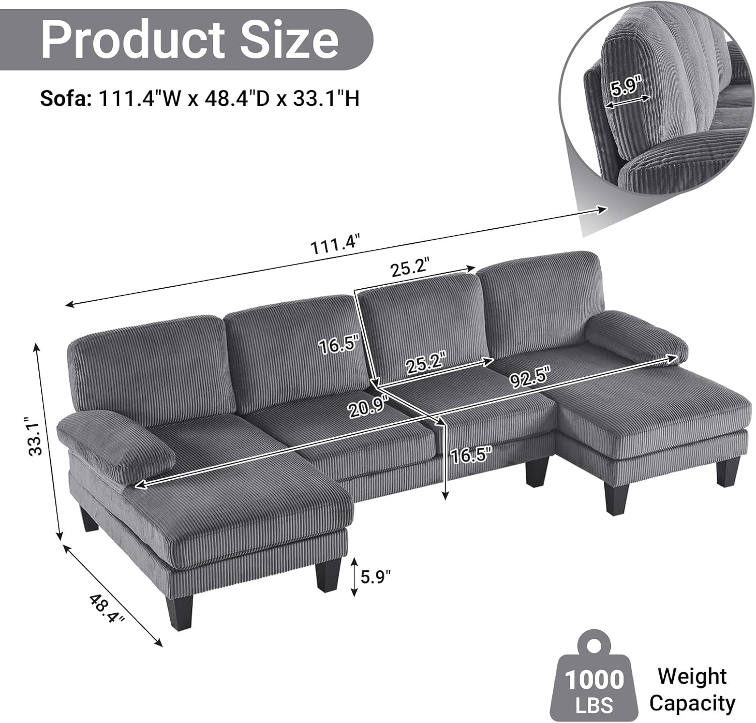VINGLI 110 Sectional Couch U Shaped Sofa Set with Double Chaise Chenille Fabric