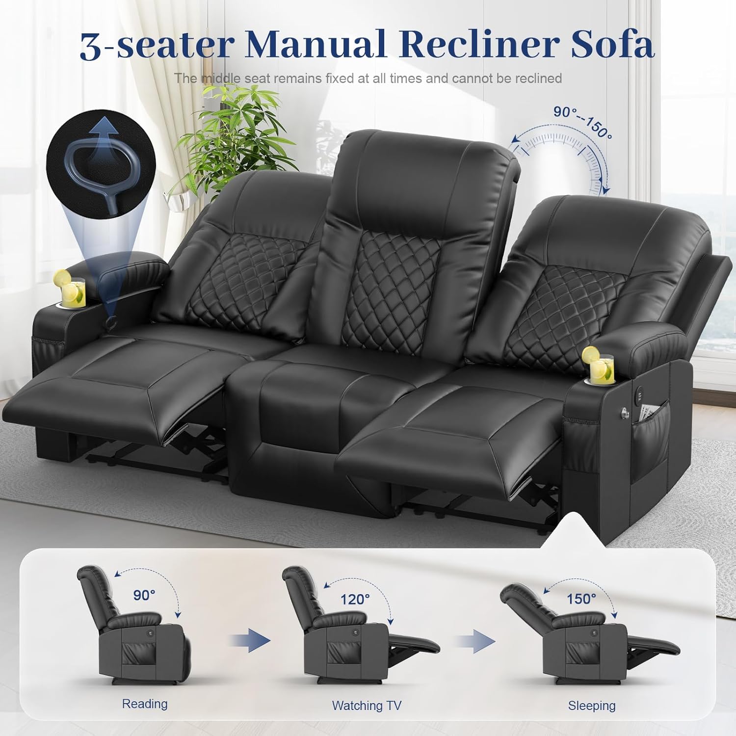 FURNIMAT Loveseat Recliner Sofa 2 Seater PU Leather Couch with USB Cup Holders