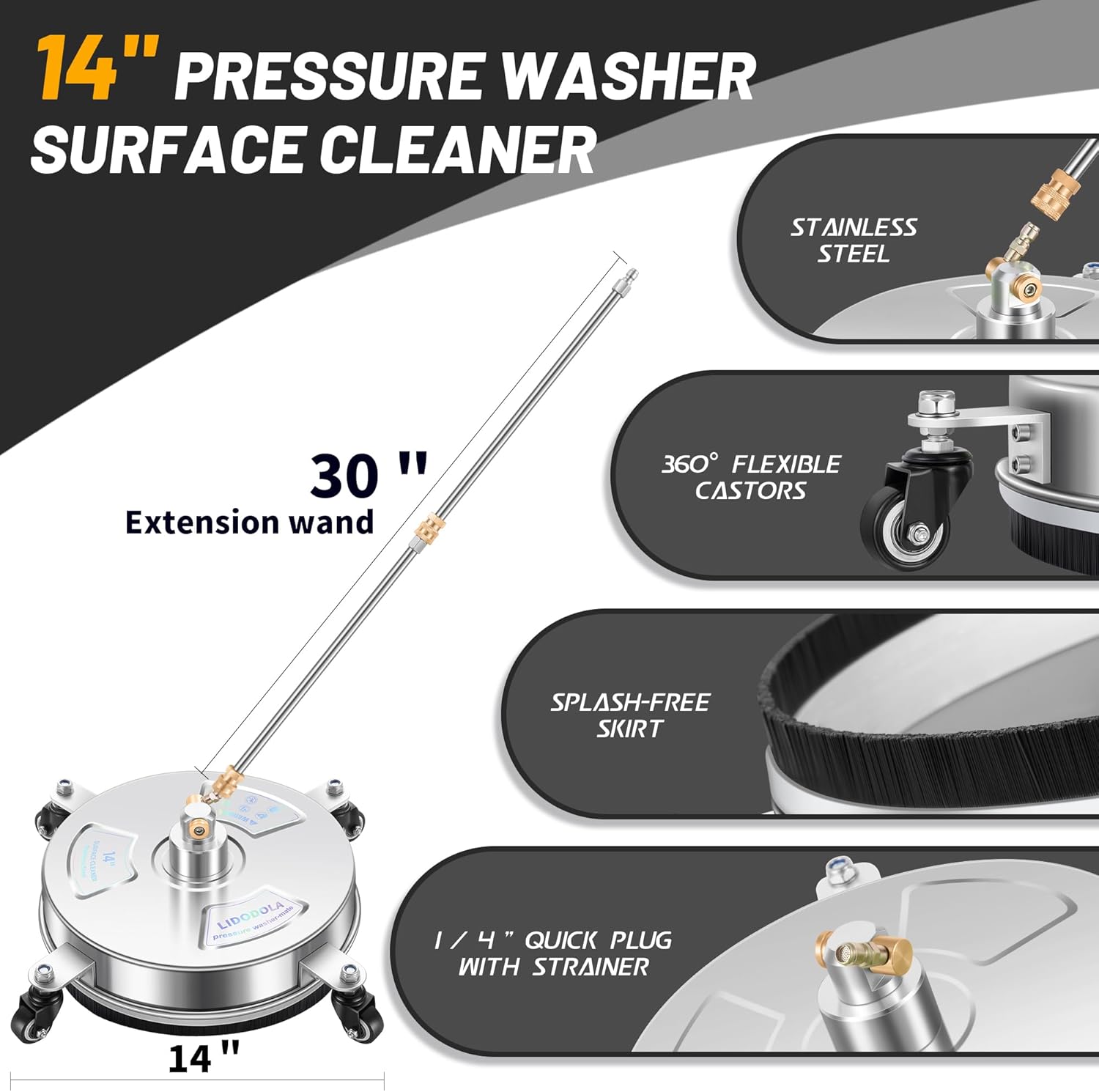 LidoDola 14 Inch Pressure Washer Surface Cleaner with Wheels for Concrete Patio Deck