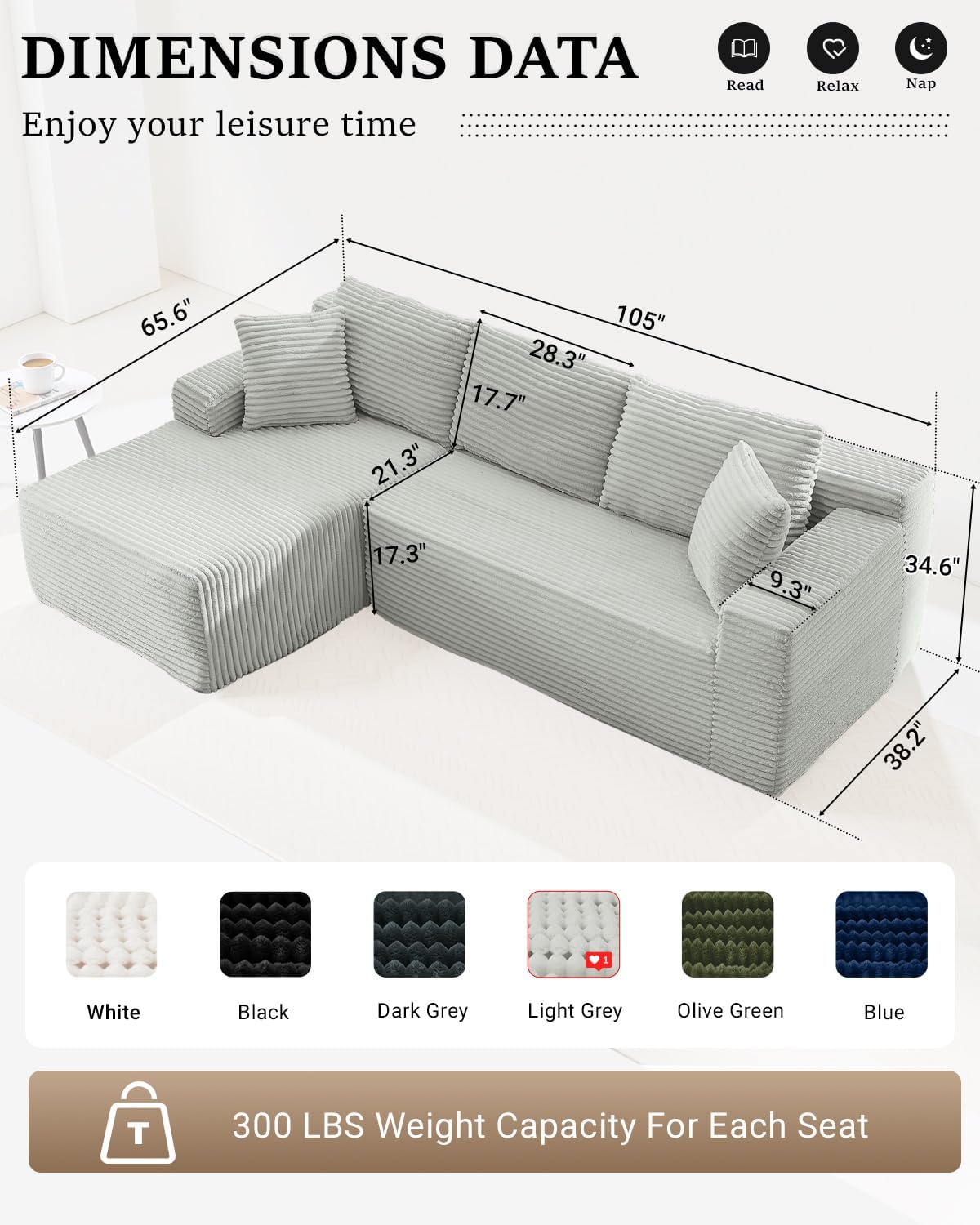 HANXIN Cloud Sectional Sofa L Shape Chaise Deep Seat Modular Living Room Couch
