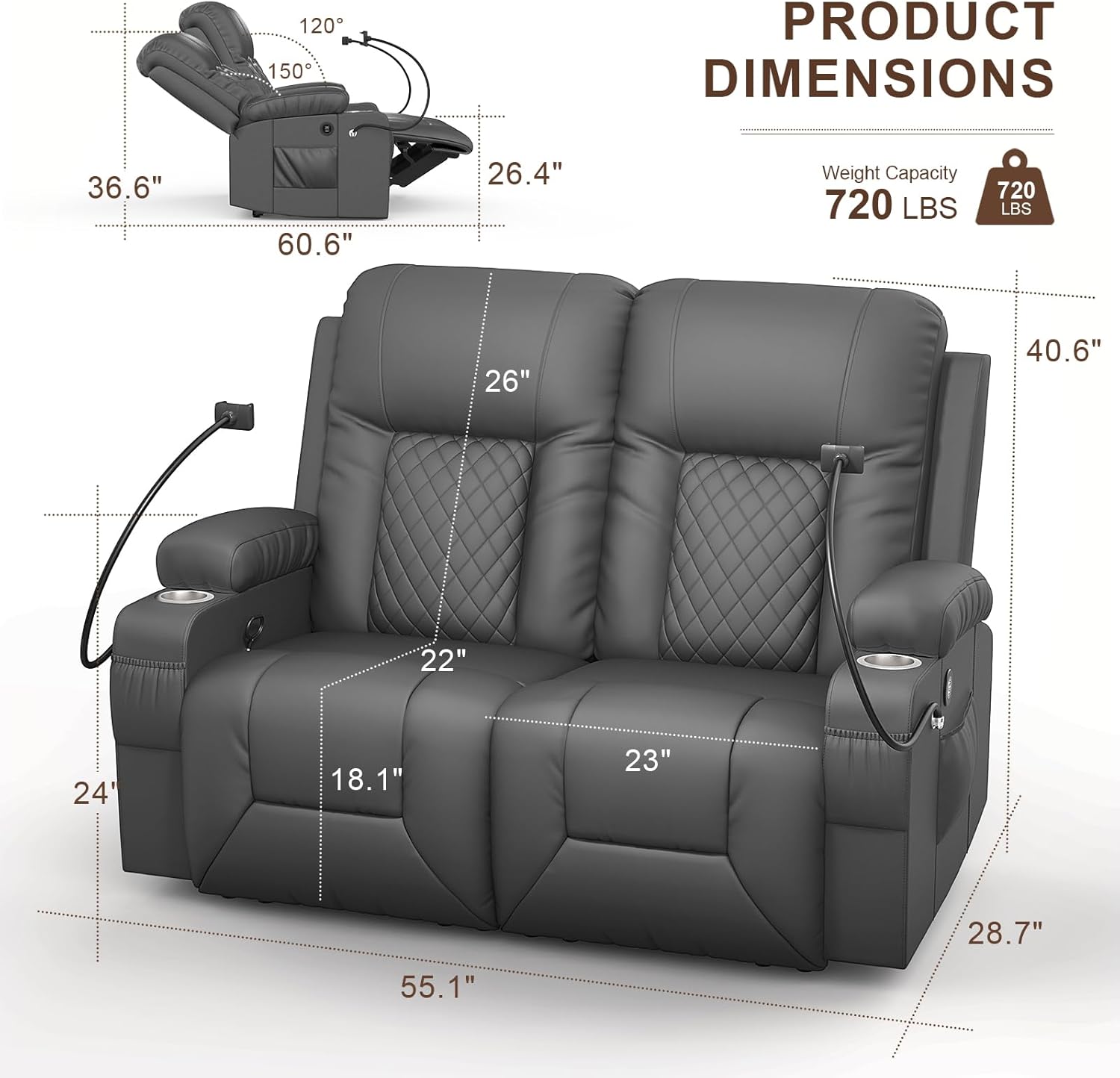 FURNIMAT Loveseat Recliner Sofa 2 Seater PU Leather Couch with USB Cup Holders