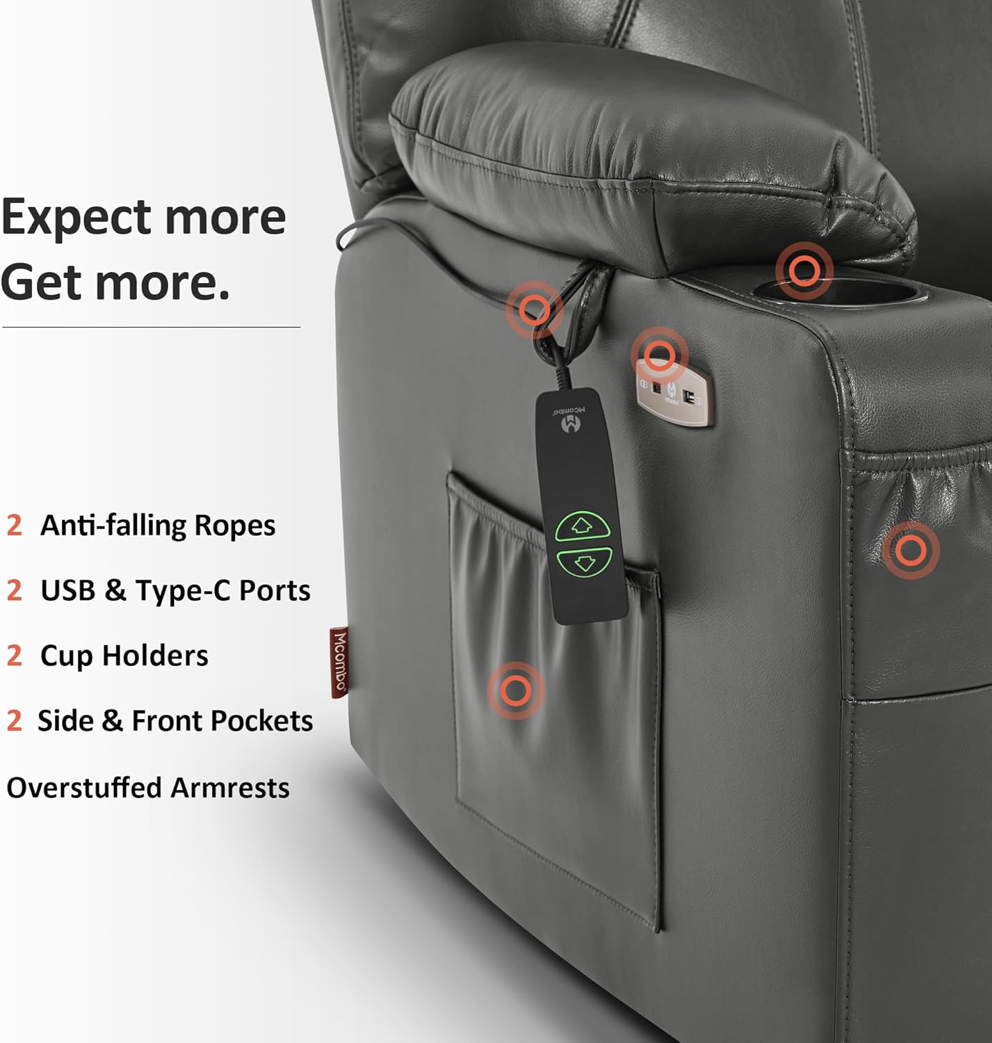 MCombo Electric Power Lift Recliner Massage Heat Chair for Elderly 3 Positions 2 Pockets USB