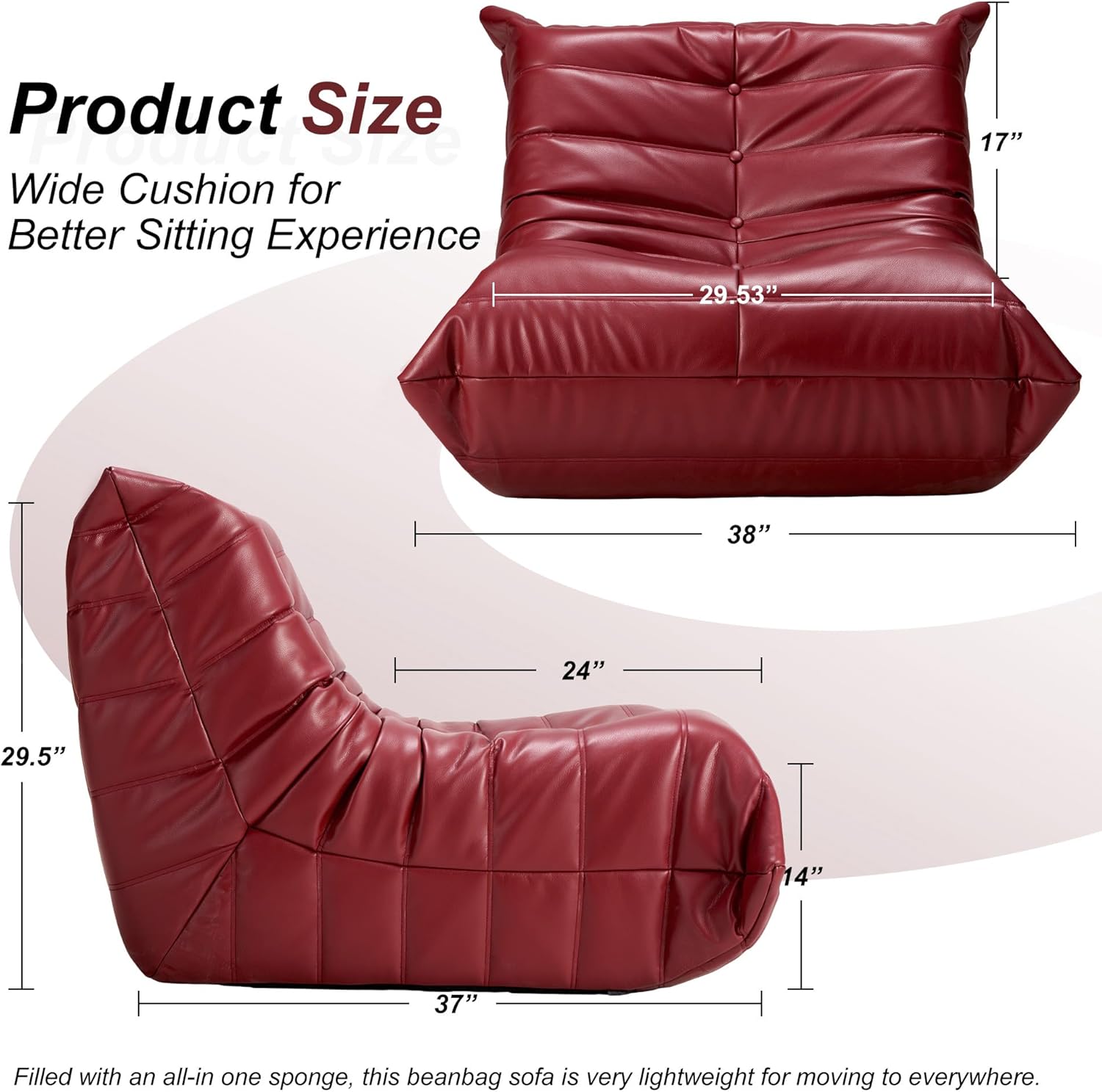Hobestluk Giant Bean Bag Chair Memory Foam Faux Leather Floor Sofa for Adults