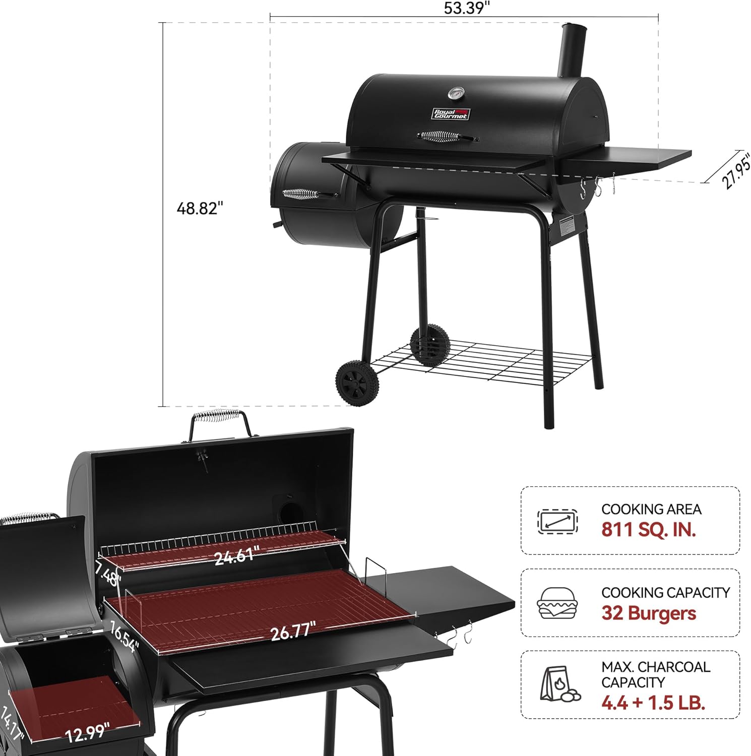 Royal Gourmet 30 Inch Charcoal Grill with Offset Smoker 811 Sq In BBQ Outdoor
