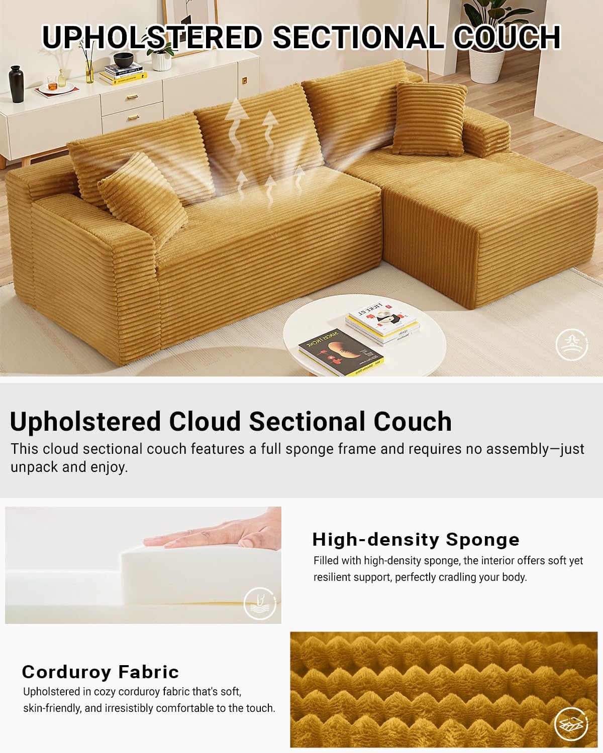 HANXIN Cloud Sectional Sofa L Shape Chaise Deep Seat Modular Living Room Couch