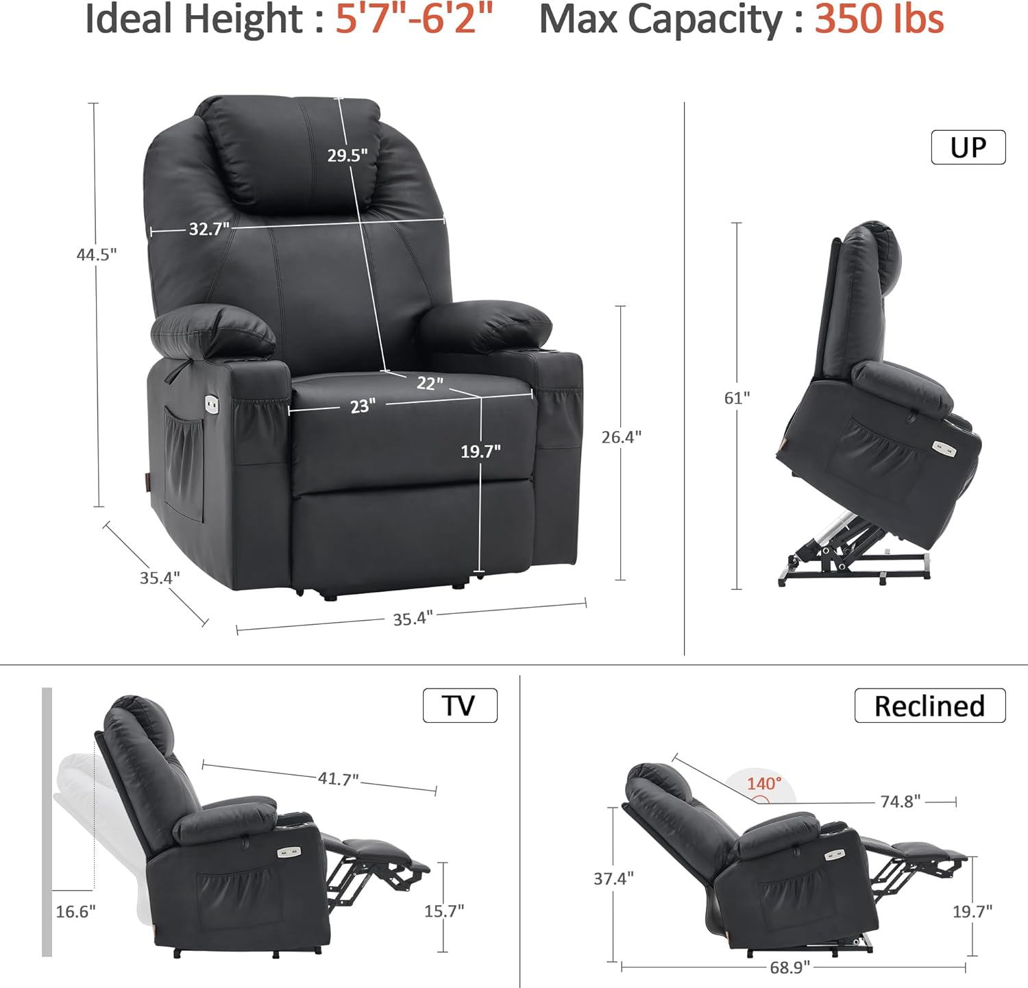 MCombo Electric Power Lift Recliner Massage Heat Chair for Elderly 3 Positions 2 Pockets USB