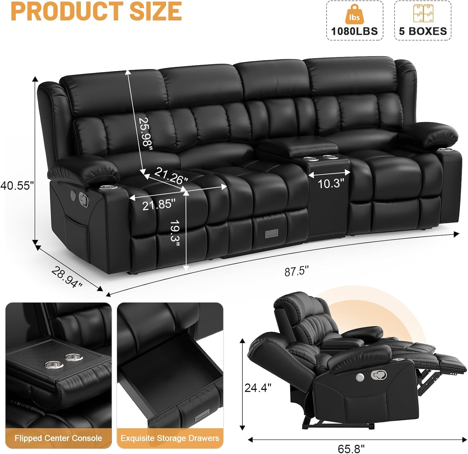 Dresegmt 3 Seat Loveseat Recliner Sofa Flip Middle Storage USB Ports Cup Holders