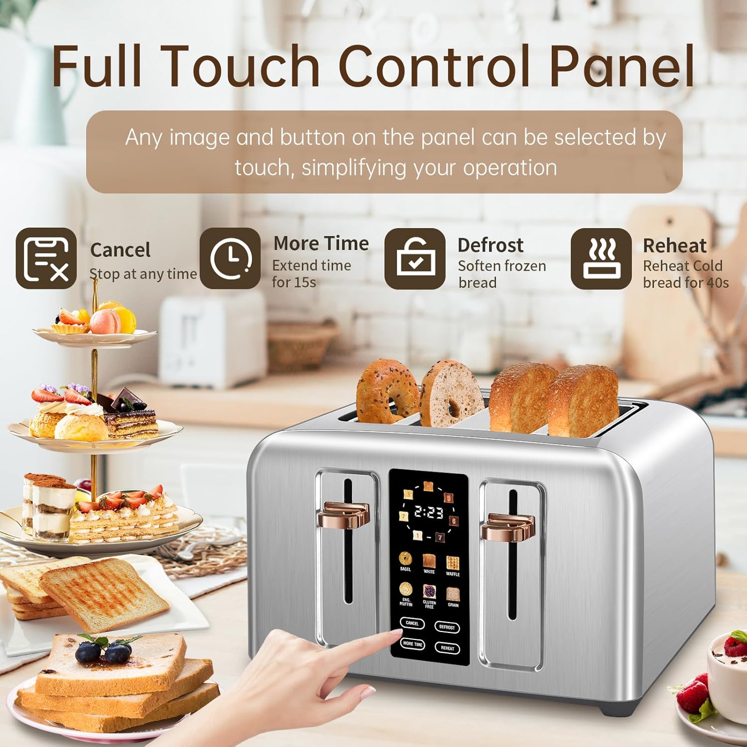 SEEDEEM 4 Slice Touch Screen Toaster LCD Display 7 Shade Settings Wide Slots 1800W