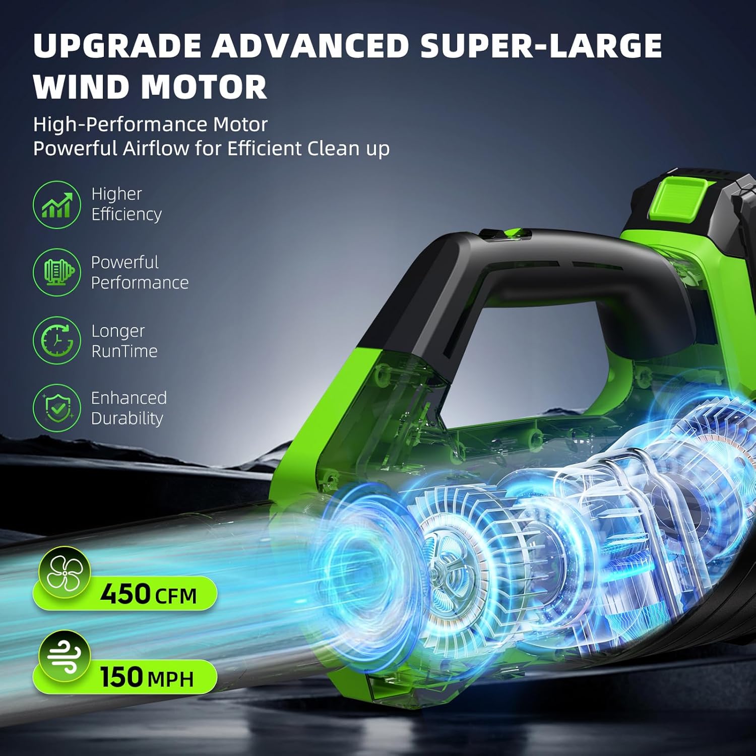 MTKOALA Cordless Leaf Blower 2 Batteries Fast Charger 450CFM 150MPH Lightweight