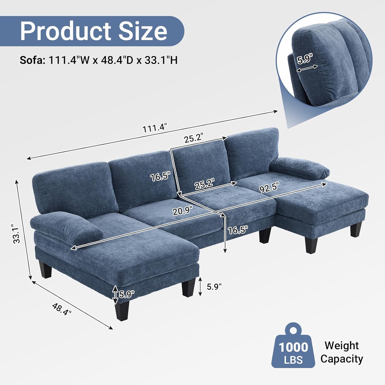 VINGLI 110 Sectional Couch U Shaped Sofa Set with Double Chaise Chenille Fabric