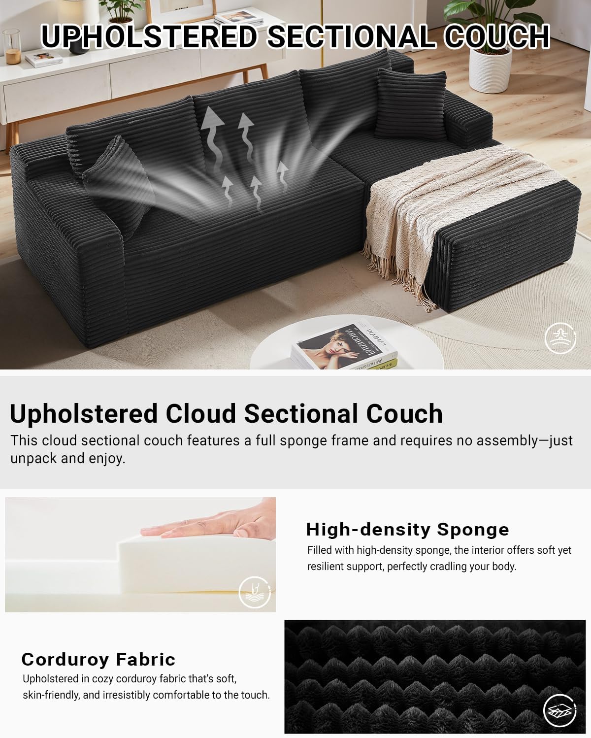 HANXIN Cloud Sectional Sofa L Shape Chaise Deep Seat Modular Living Room Couch
