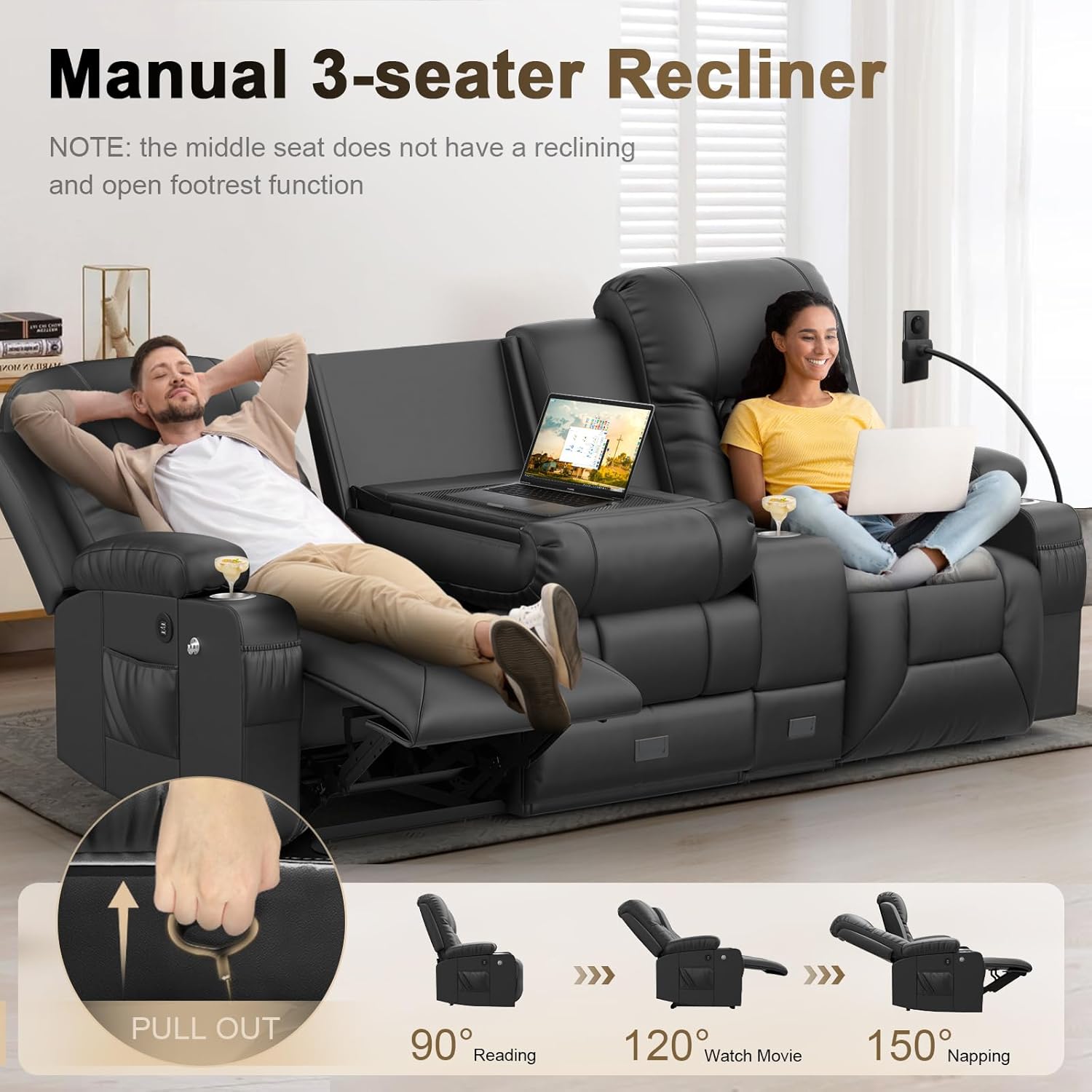 YONISEE 3 Seat Recliner Sofa Large Manual Reclining Couch with Storage Console