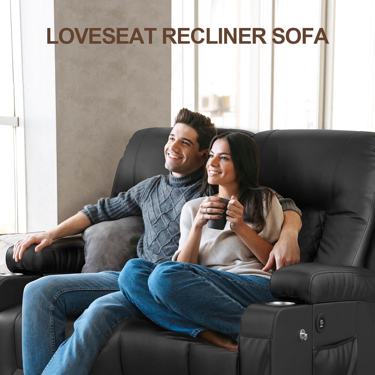 FURNIMAT Loveseat Recliner Sofa 2 Seater PU Leather Couch with USB Cup Holders